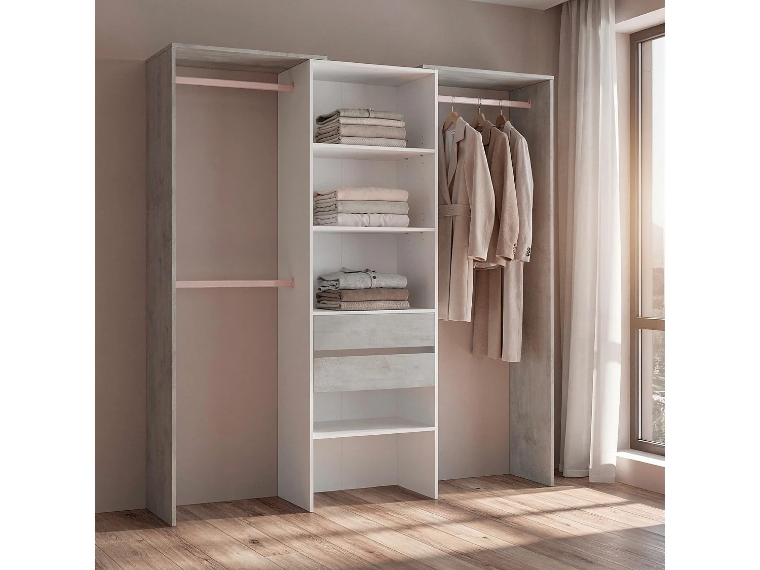 Armadio Guardaroba Da Terra Senza Porte Con 4 Barre Appendiabiti 4 ripiani E 2 Cassetti Per Camera Da Letto 203 x 50 x 179 Cm Bianco Opaco Grigio Cemento