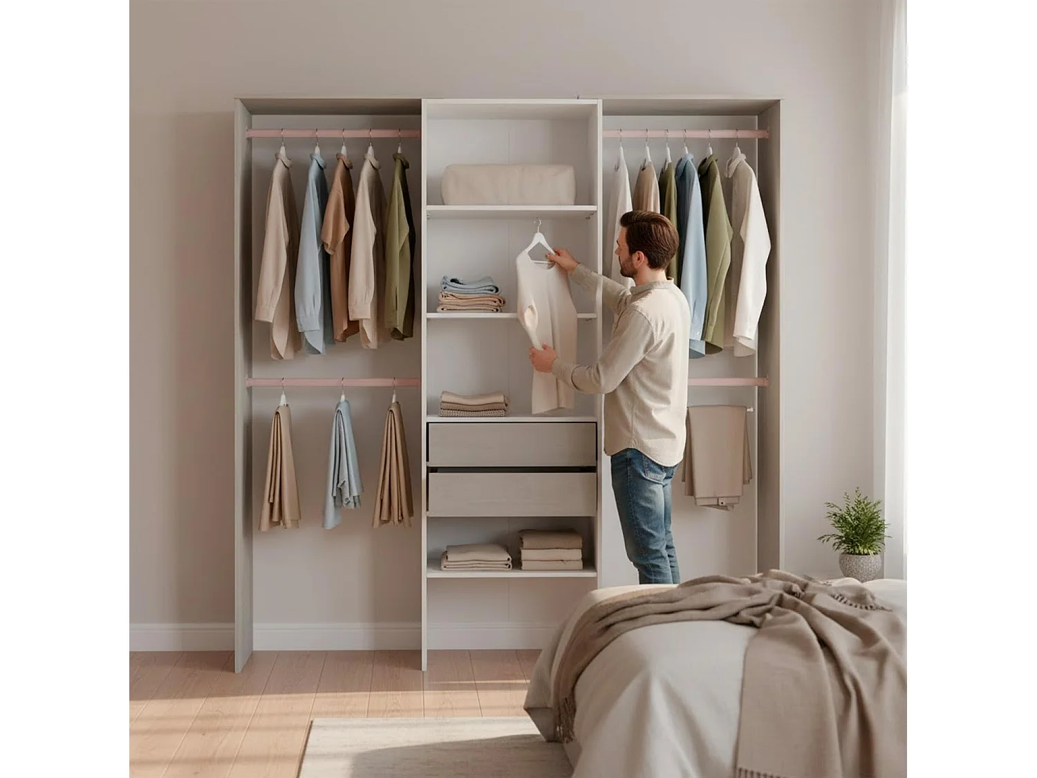 Armadio Guardaroba Da Terra Senza Porte Con 4 Barre Appendiabiti 4 ripiani E 2 Cassetti Per Camera Da Letto 203 x 50 x 179 Cm Bianco Opaco Grigio Cemento