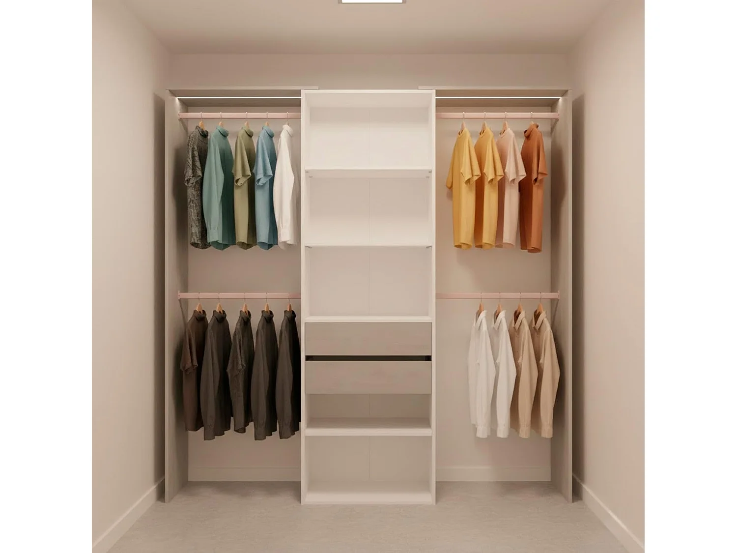 Armadio Guardaroba Da Terra Senza Porte Con 4 Barre Appendiabiti 4 ripiani E 2 Cassetti Per Camera Da Letto 203 x 50 x 179 Cm Bianco Opaco Grigio Cemento