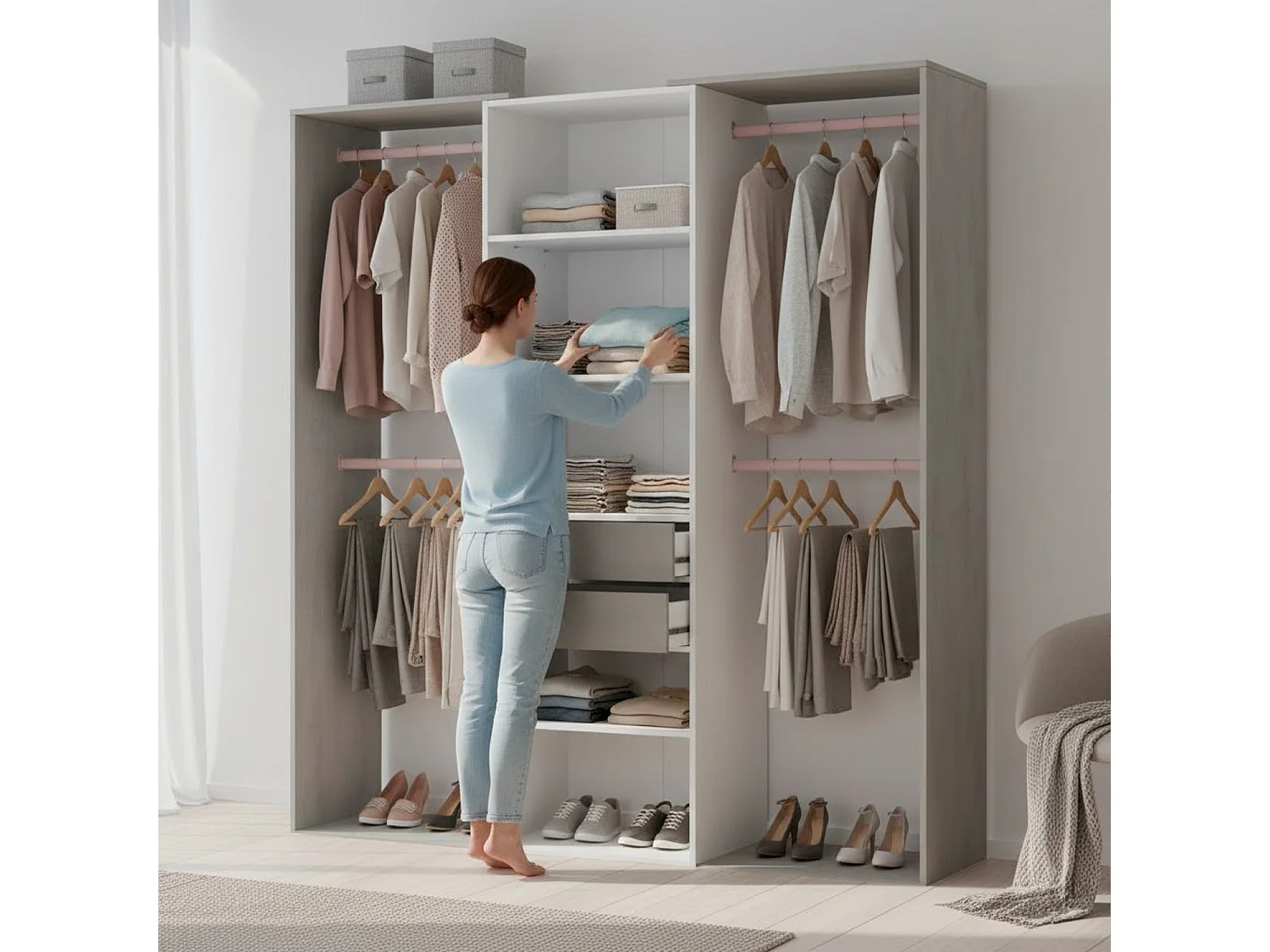 Armadio Guardaroba Da Terra Senza Porte Con 4 Barre Appendiabiti 4 ripiani E 2 Cassetti Per Camera Da Letto 203 x 50 x 179 Cm Bianco Opaco Grigio Cemento