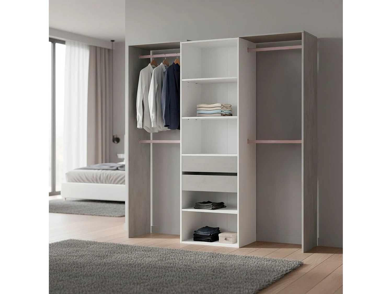 Armadio Guardaroba Da Terra Senza Porte Con 4 Barre Appendiabiti 4 ripiani E 2 Cassetti Per Camera Da Letto 203 x 50 x 179 Cm Bianco Opaco Grigio Cemento