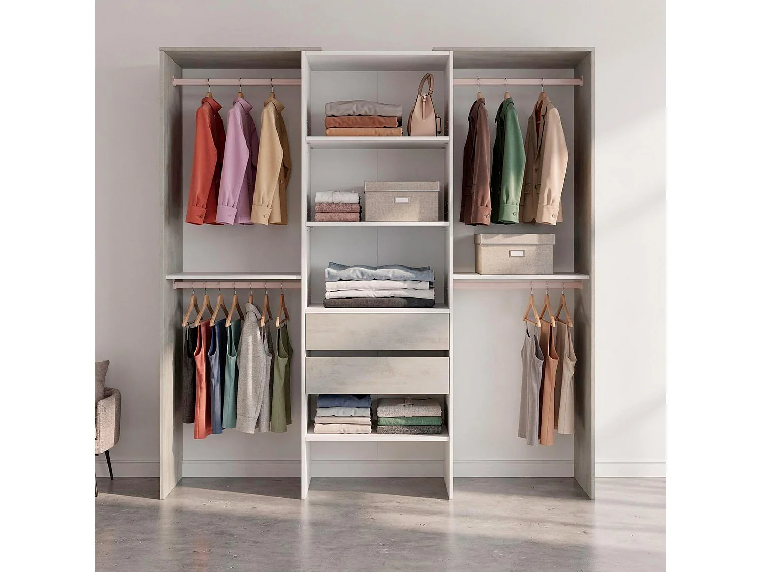 Armadio Guardaroba Da Terra Senza Porte Con 4 Barre Appendiabiti 4 ripiani E 2 Cassetti Per Camera Da Letto 203 x 50 x 179 Cm Bianco Opaco Grigio Cemento
