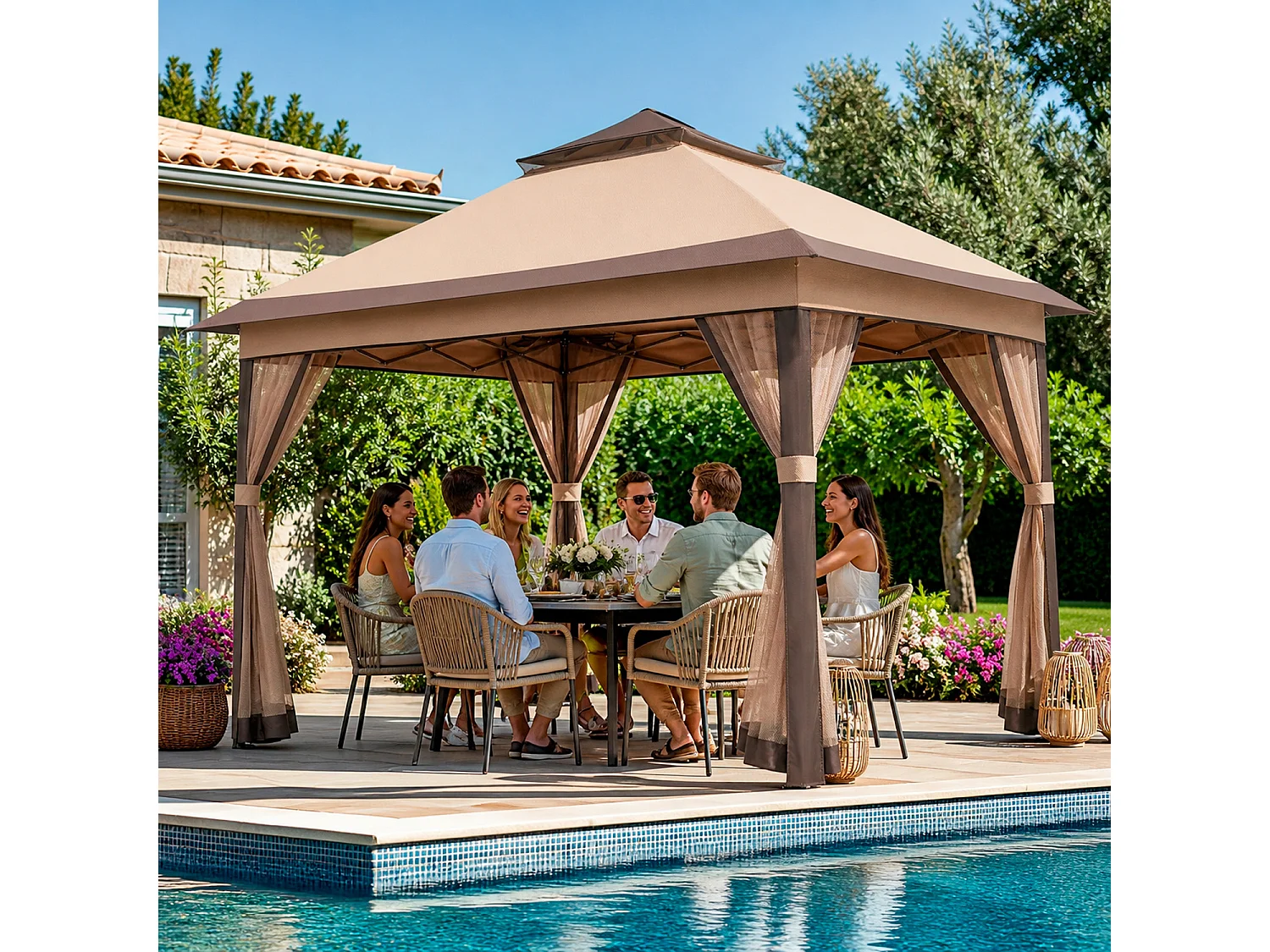 Gazebo Da Giardino Pop Up Altezza Regolabile Da 2.7 A 2.9 M Zanzariere Removibili Apertura Rapida E Borsa Trasporto Per Eventi Patio Piscina Campeggio Feste Kaki