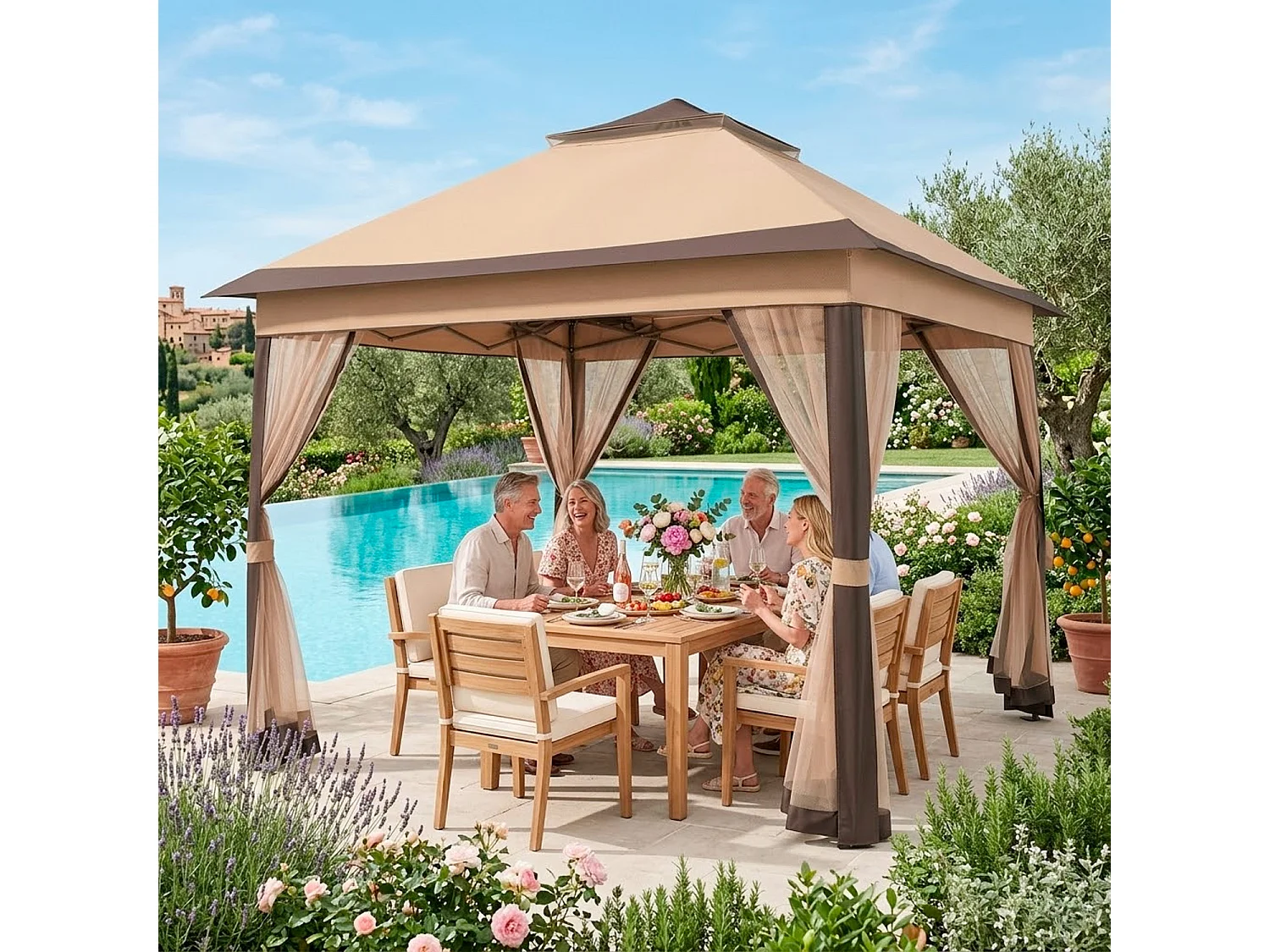 Gazebo Da Giardino Pop Up Altezza Regolabile Da 2.7 A 2.9 M Zanzariere Removibili Apertura Rapida E Borsa Trasporto Per Eventi Patio Piscina Campeggio Feste Kaki