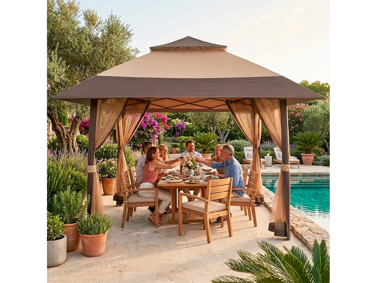 Gazebo Pop Up 4x4m Da Giardino Con Zanzariere Tetto Allargato Altezza Regolabile 2.7-2.9m Apertura Rapida Borsa Trasporto Per Eventi Piscina Feste Campeggio Kaki
