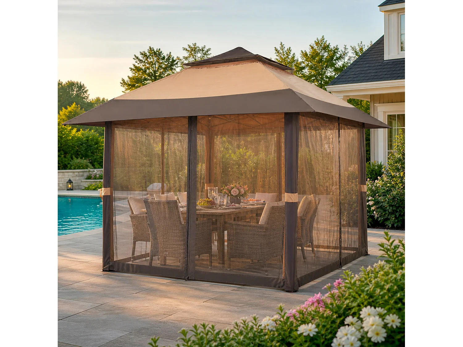 Gazebo Pop Up 4x4m Da Giardino Con Zanzariere Tetto Allargato Altezza Regolabile 2.7-2.9m Apertura Rapida Borsa Trasporto Per Eventi Piscina Feste Campeggio Kaki