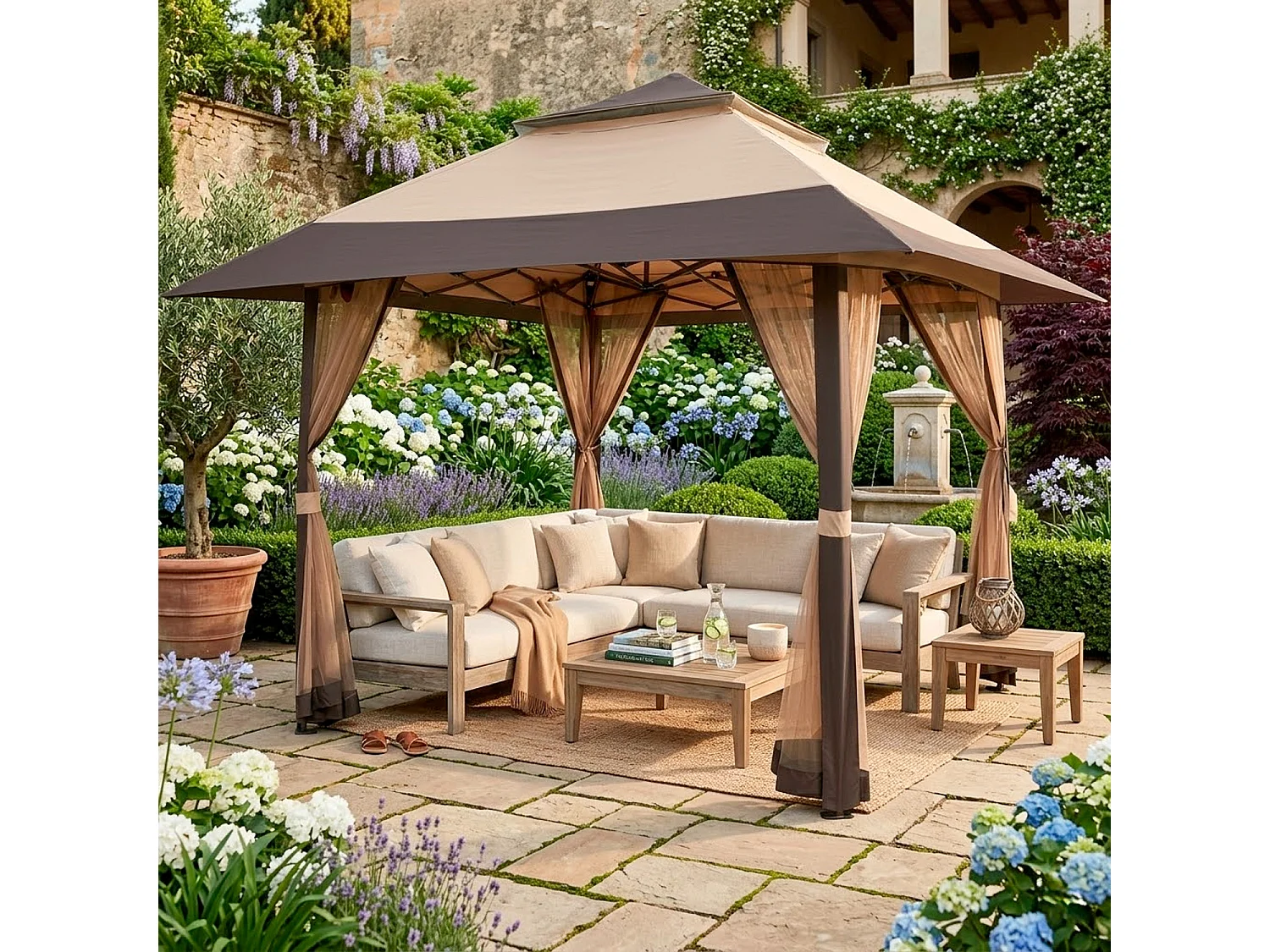 Gazebo Pop Up 4x4m Da Giardino Con Zanzariere Tetto Allargato Altezza Regolabile 2.7-2.9m Apertura Rapida Borsa Trasporto Per Eventi Piscina Feste Campeggio Kaki