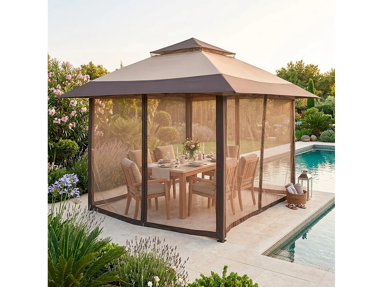 Gazebo Pop Up 4x4m Da Giardino Con Zanzariere Tetto Allargato Altezza Regolabile 2.7-2.9m Apertura Rapida Borsa Trasporto Per Eventi Piscina Feste Campeggio Kaki