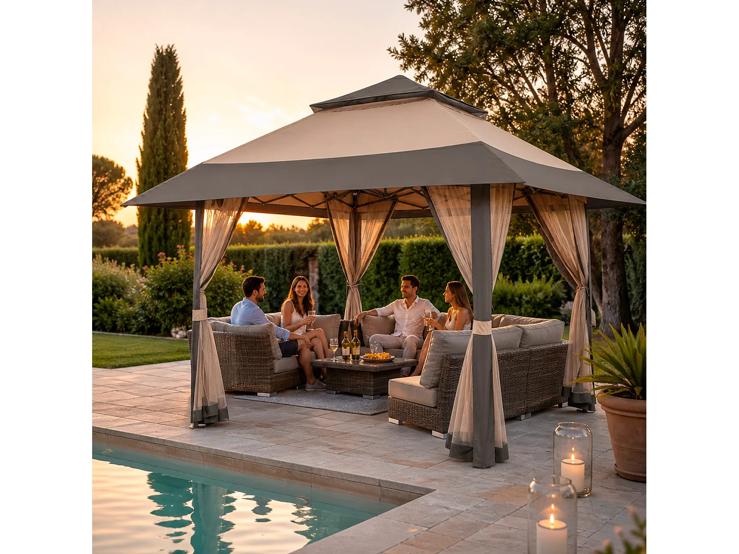 Gazebo Pop Up 4x4m Da Giardino Con Zanzariere Tetto Allargato Altezza Regolabile 2.7-2.9m Apertura Rapida Borsa Trasporto Per Eventi Piscina Feste Campeggio Kaki