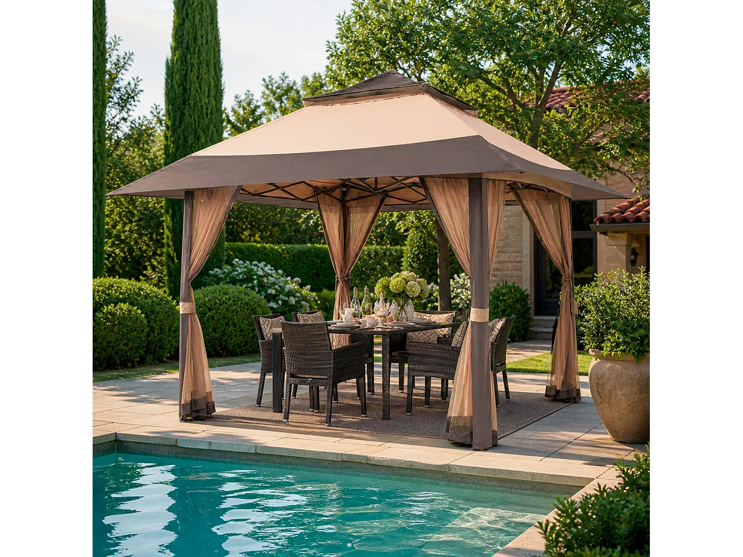 Gazebo Pop Up 4x4m Da Giardino Con Zanzariere Tetto Allargato Altezza Regolabile 2.7-2.9m Apertura Rapida Borsa Trasporto Per Eventi Piscina Feste Campeggio Kaki