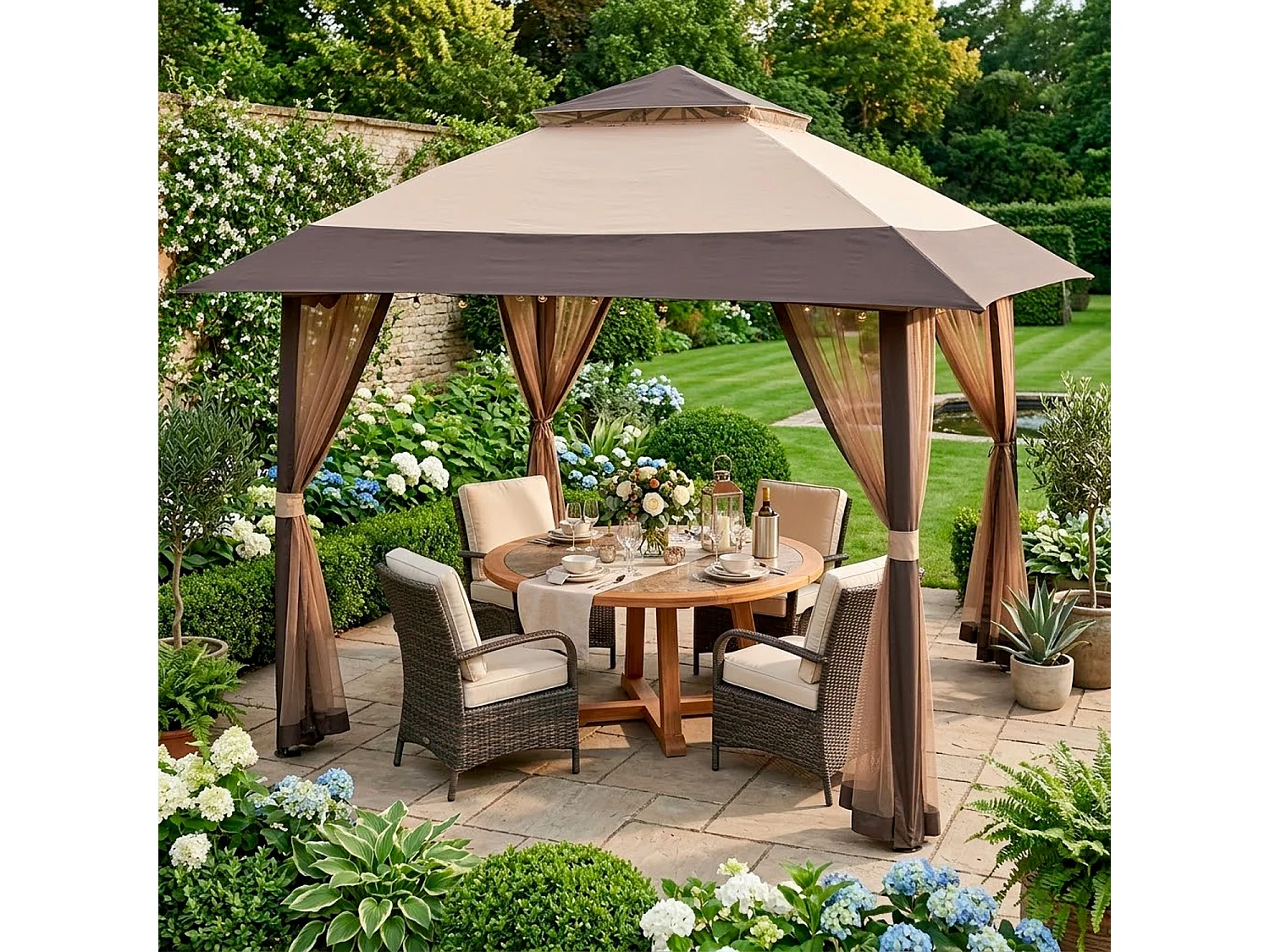 Gazebo Pop Up 4x4m Da Giardino Con Zanzariere Tetto Allargato Altezza Regolabile 2.7-2.9m Apertura Rapida Borsa Trasporto Per Eventi Piscina Feste Campeggio Kaki