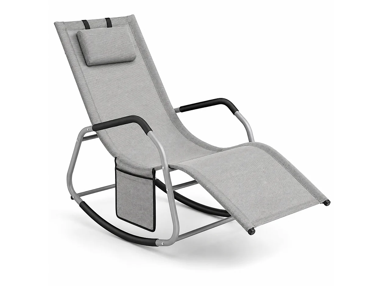 Sdraio Relax Da Giardino A Dondolo Con Cuscino Antiribaltamento E Tasca Laterale Seduta Ergonomica Da Esterno In Acciaio E Textilene 151 x 56 x 90 Cm Grigio
