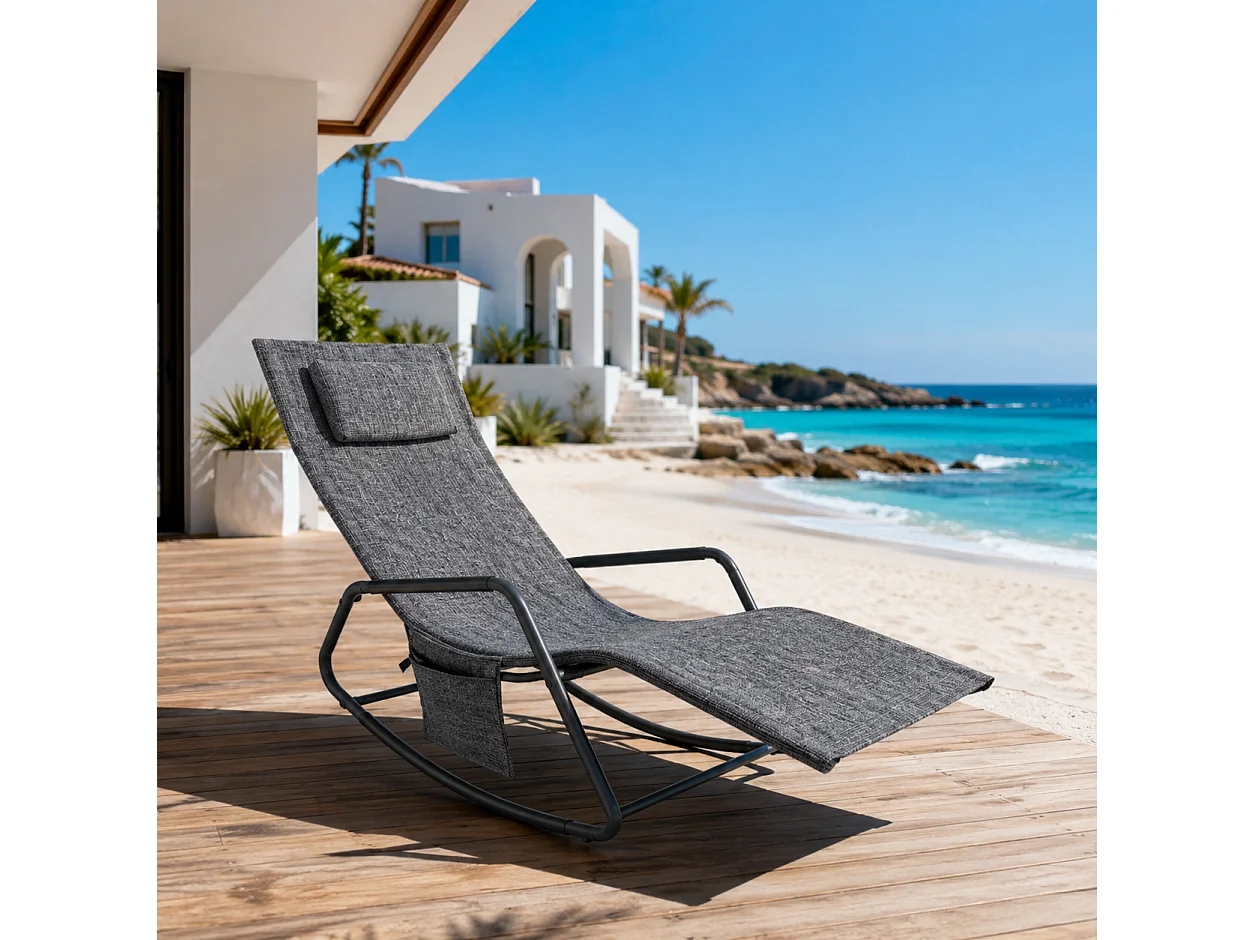 Sdraio Relax Da Giardino A Dondolo Con Cuscino Antiribaltamento E Tasca Laterale Seduta Ergonomica Da Esterno In Acciaio E Textilene 151 x 56 x 90 Cm Grigio