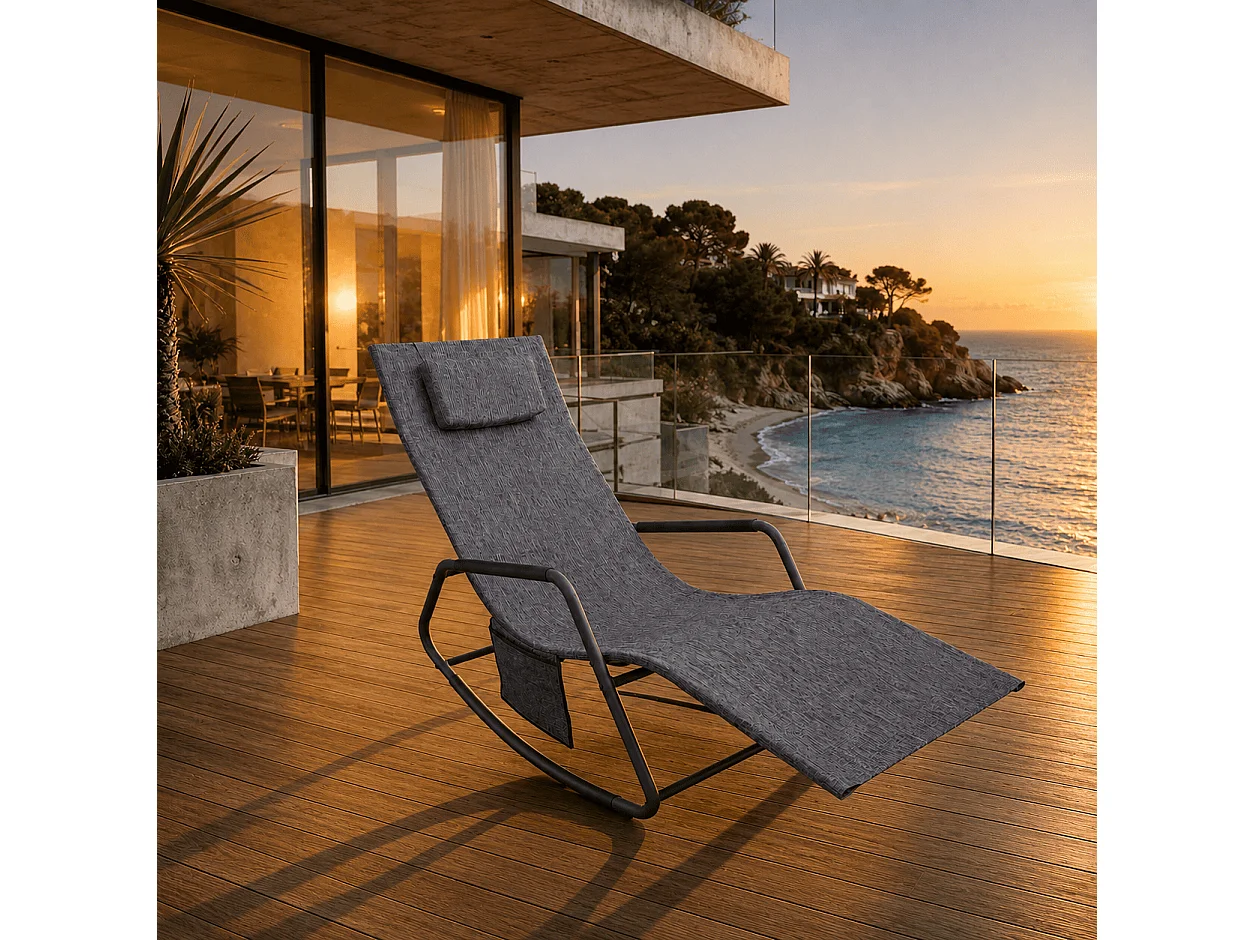 Sdraio Relax Da Giardino A Dondolo Con Cuscino Antiribaltamento E Tasca Laterale Seduta Ergonomica Da Esterno In Acciaio E Textilene 151 x 56 x 90 Cm Grigio