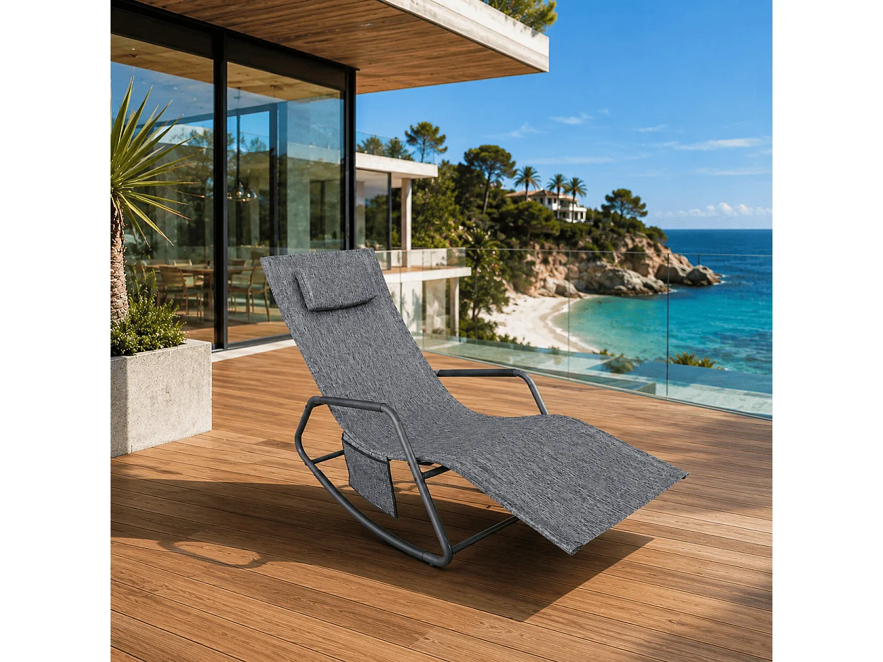 Sdraio Relax Da Giardino A Dondolo Con Cuscino Antiribaltamento E Tasca Laterale Seduta Ergonomica Da Esterno In Acciaio E Textilene 151 x 56 x 90 Cm Grigio