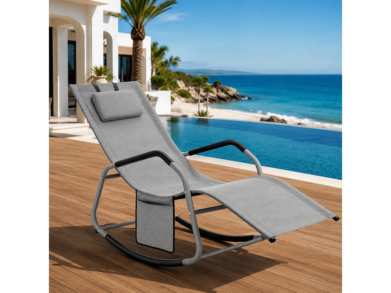 Sdraio Relax Da Giardino A Dondolo Con Cuscino Antiribaltamento E Tasca Laterale Seduta Ergonomica Da Esterno In Acciaio E Textilene 151 x 56 x 90 Cm Grigio