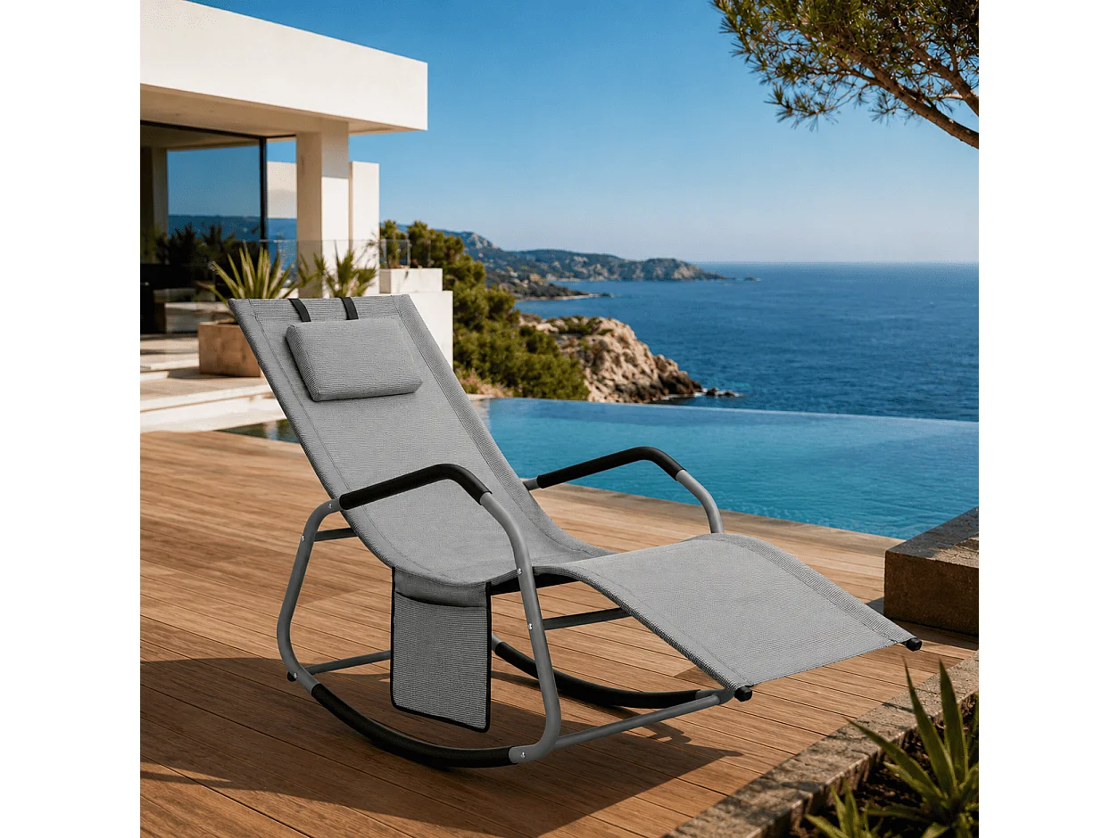 Sdraio Relax Da Giardino A Dondolo Con Cuscino Antiribaltamento E Tasca Laterale Seduta Ergonomica Da Esterno In Acciaio E Textilene 151 x 56 x 90 Cm Grigio