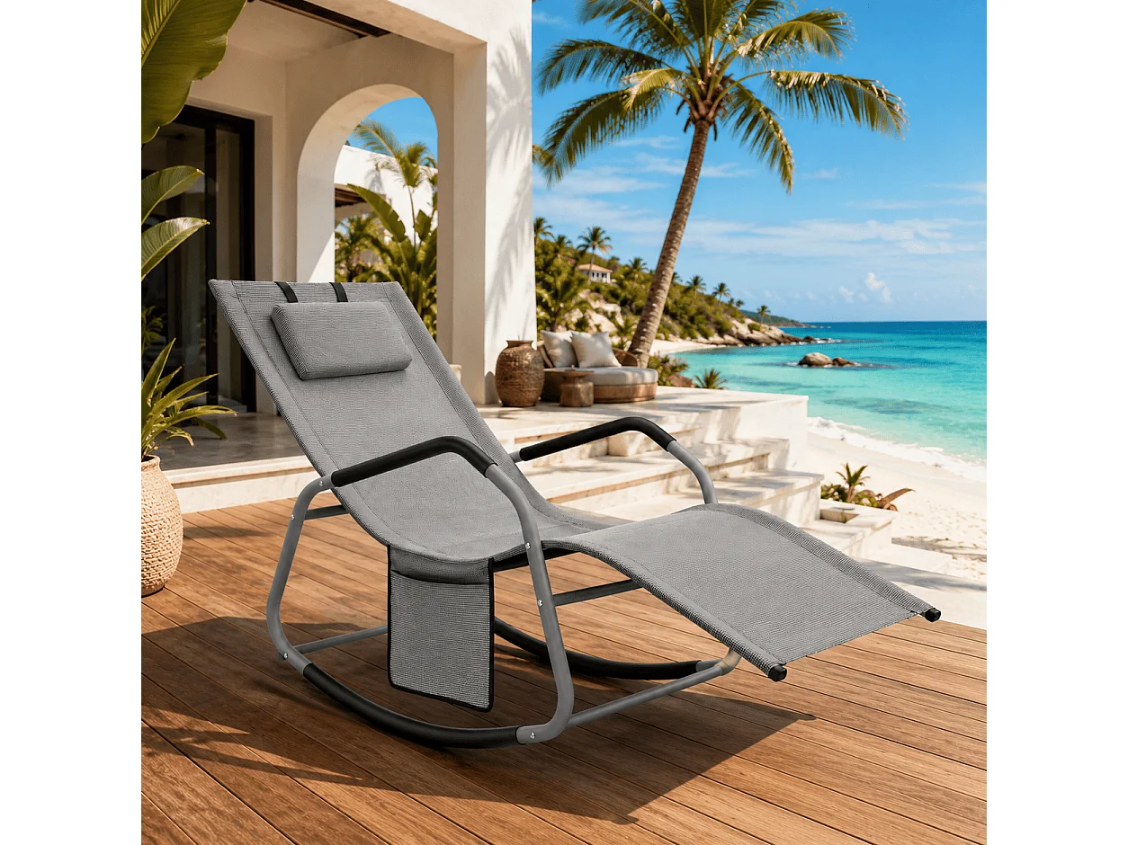Sdraio Relax Da Giardino A Dondolo Con Cuscino Antiribaltamento E Tasca Laterale Seduta Ergonomica Da Esterno In Acciaio E Textilene 151 x 56 x 90 Cm Grigio