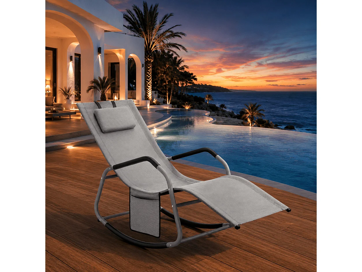 Sdraio Relax Da Giardino A Dondolo Con Cuscino Antiribaltamento E Tasca Laterale Seduta Ergonomica Da Esterno In Acciaio E Textilene 151 x 56 x 90 Cm Grigio
