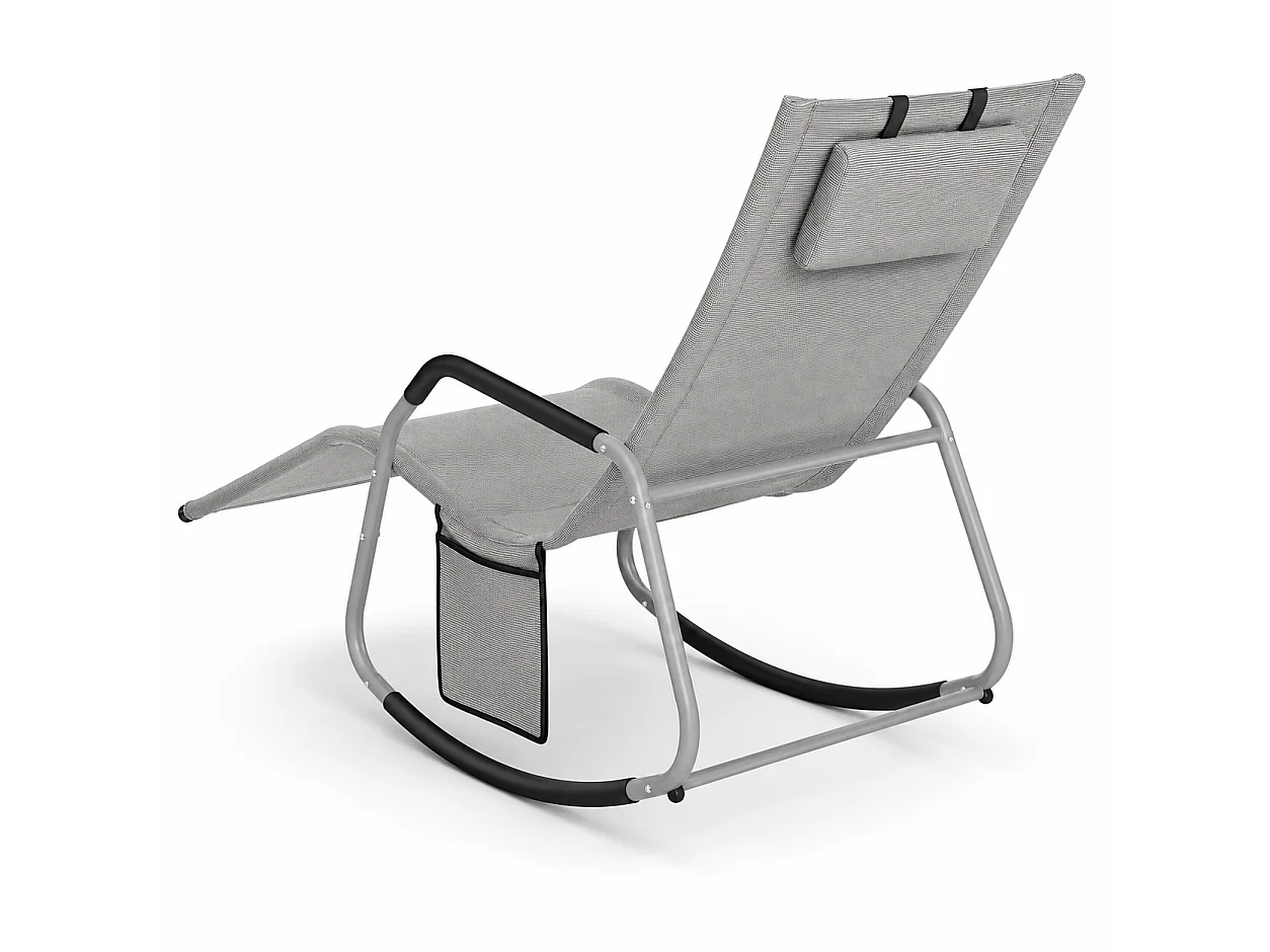 Sdraio Relax Da Giardino A Dondolo Con Cuscino Antiribaltamento E Tasca Laterale Seduta Ergonomica Da Esterno In Acciaio E Textilene 151 x 56 x 90 Cm Grigio