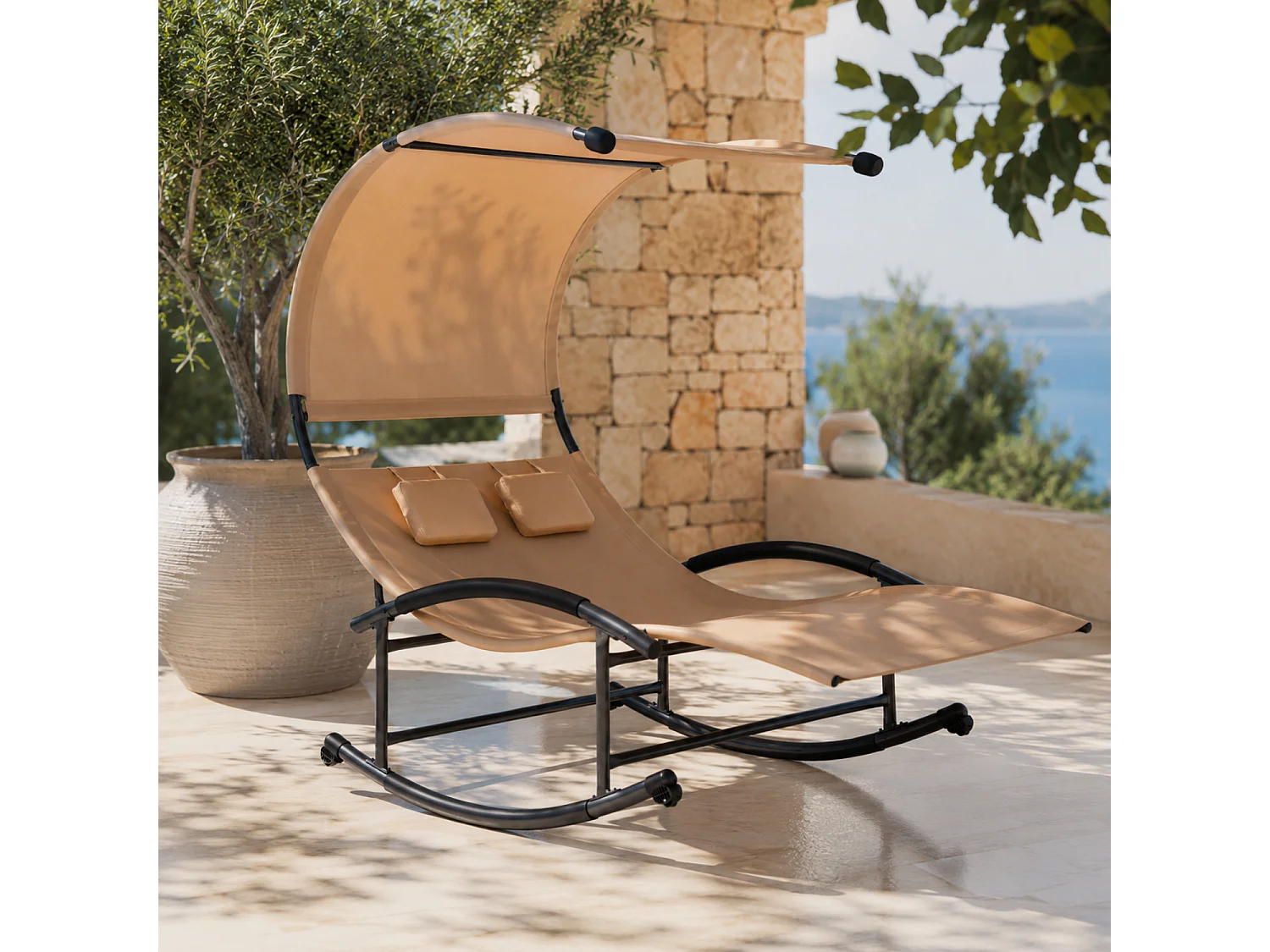 Lettino 2 Posti Dondolo Prendisole Design Ergonomico In Textilene Traspirante Con Parasole Integrato Struttura In Acciaio E Cuscini Per Giardino Piscina Beige