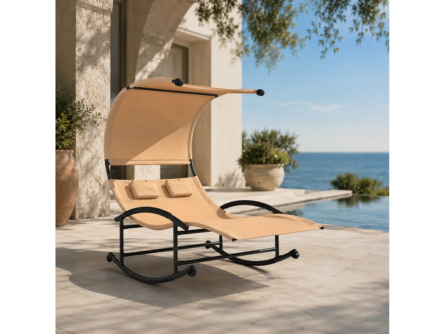 Lettino 2 Posti Dondolo Prendisole Design Ergonomico In Textilene Traspirante Con Parasole Integrato Struttura In Acciaio E Cuscini Per Giardino Piscina Beige