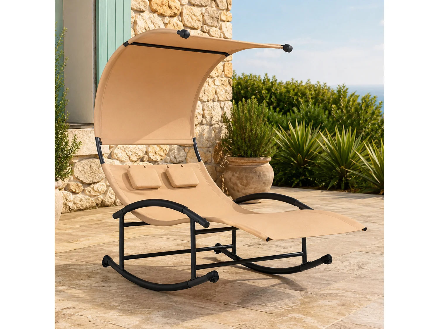 Lettino 2 Posti Dondolo Prendisole Design Ergonomico In Textilene Traspirante Con Parasole Integrato Struttura In Acciaio E Cuscini Per Giardino Piscina Beige