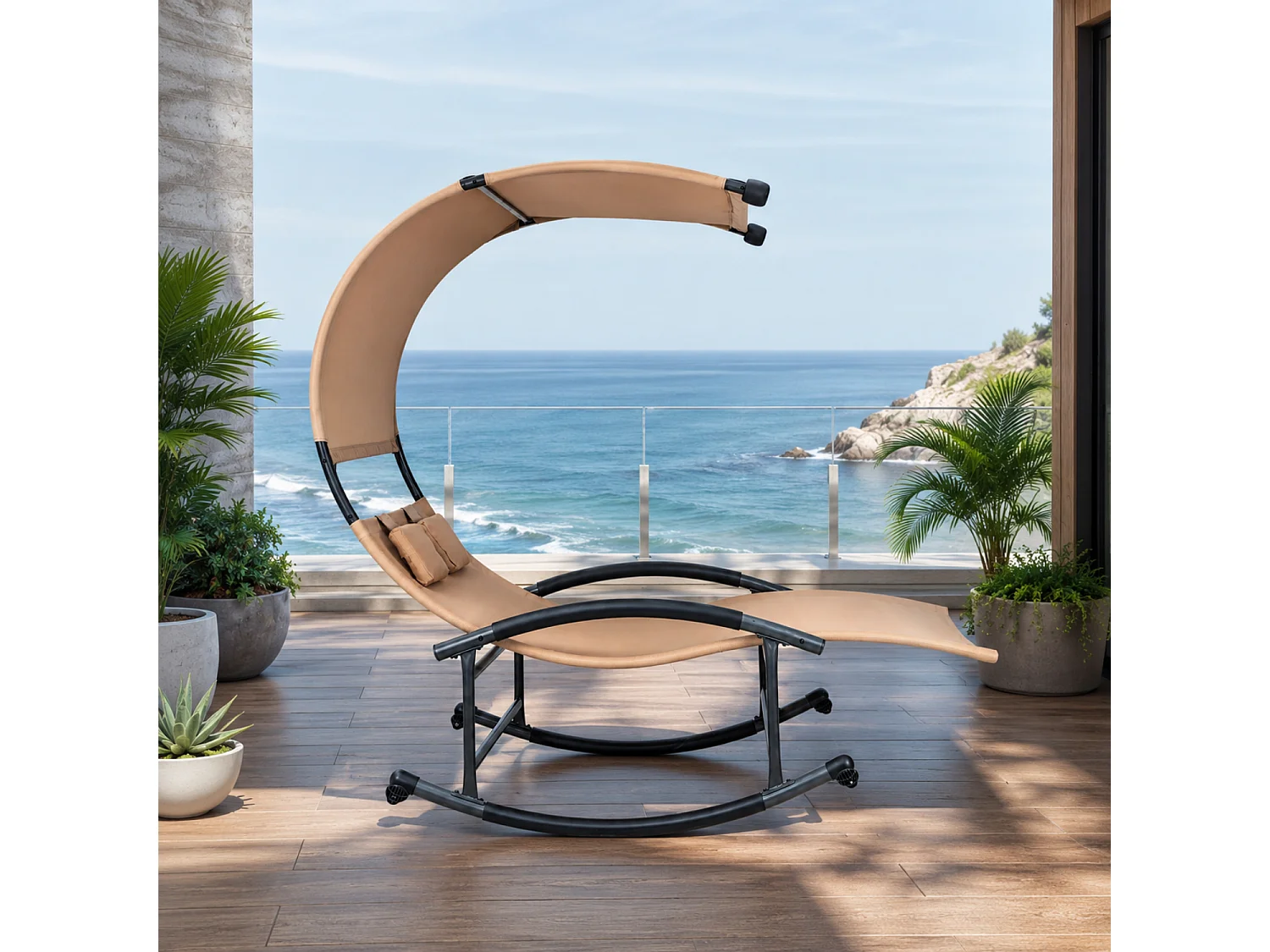 Lettino 2 Posti Dondolo Prendisole Design Ergonomico In Textilene Traspirante Con Parasole Integrato Struttura In Acciaio E Cuscini Per Giardino Piscina Beige
