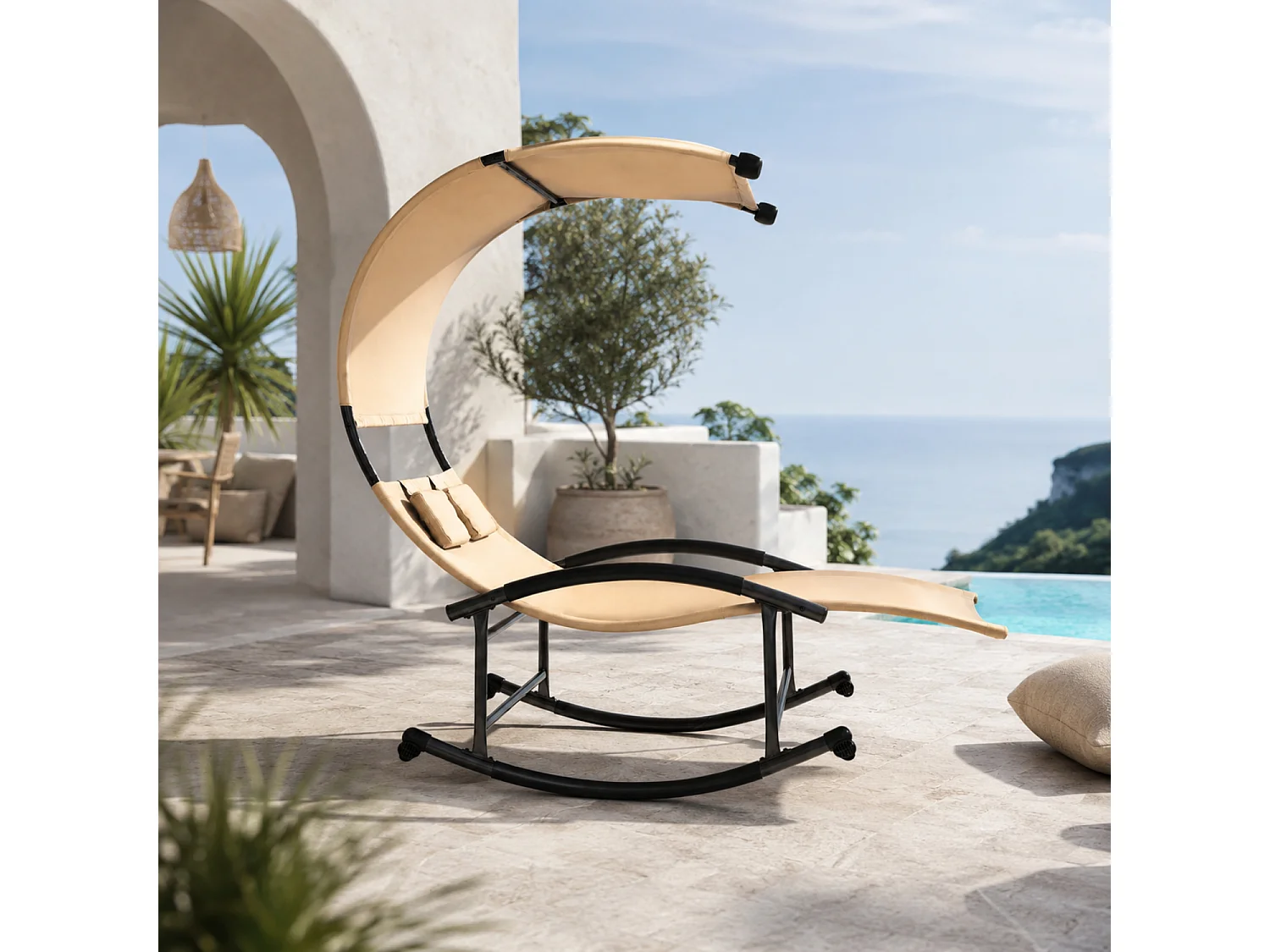 Lettino 2 Posti Dondolo Prendisole Design Ergonomico In Textilene Traspirante Con Parasole Integrato Struttura In Acciaio E Cuscini Per Giardino Piscina Beige