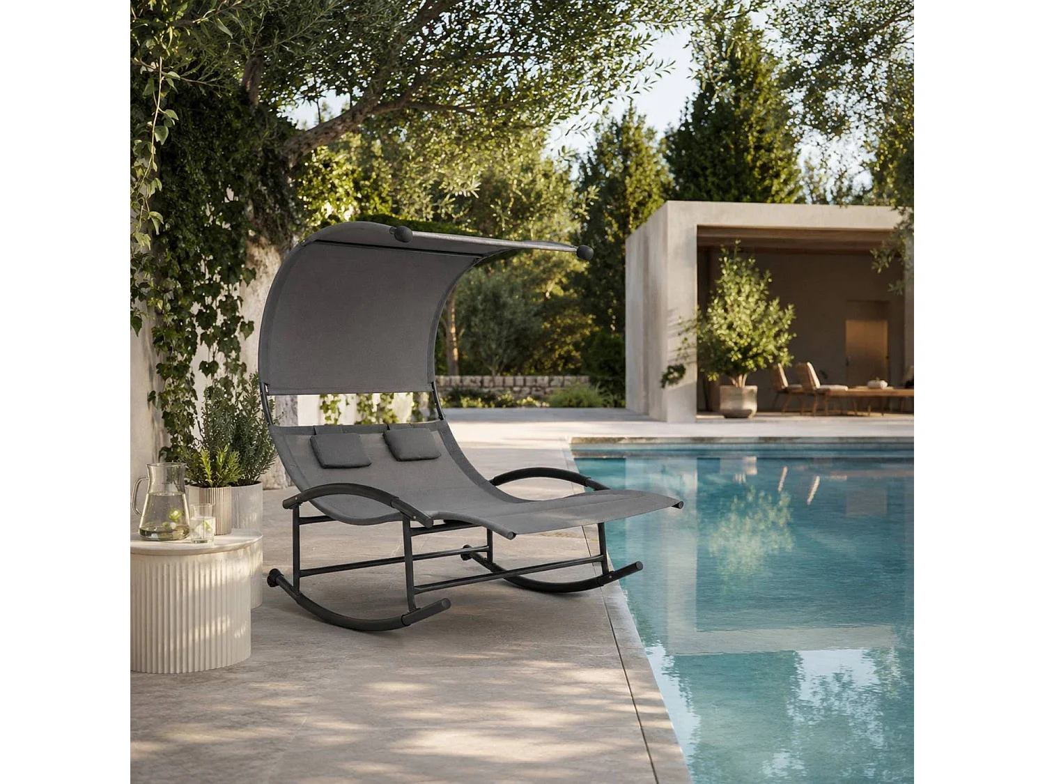 Lettino 2 Posti Dondolo Prendisole Design Ergonomico In Textilene Traspirante Struttura In Acciaio E Cuscini Con Parasole Per Giardino Piscina Outdoor Grigio