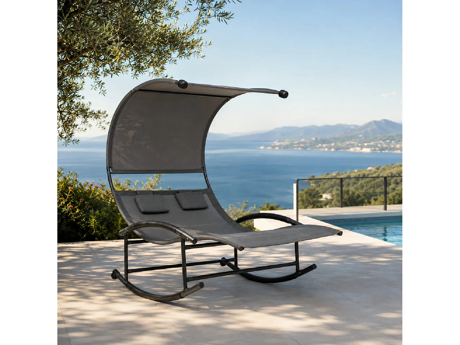 Lettino 2 Posti Dondolo Prendisole Design Ergonomico In Textilene Traspirante Struttura In Acciaio E Cuscini Con Parasole Per Giardino Piscina Outdoor Grigio
