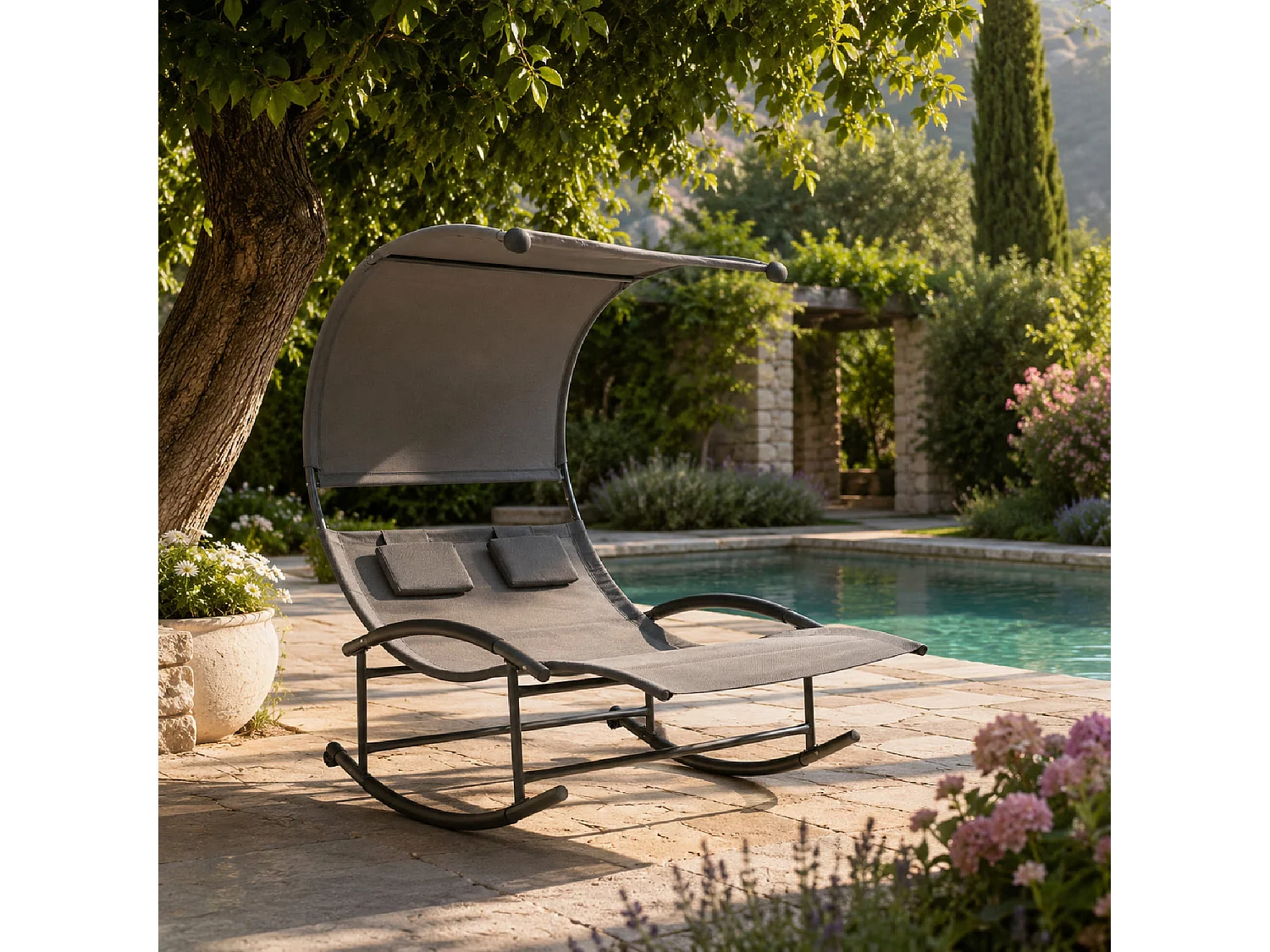 Lettino 2 Posti Dondolo Prendisole Design Ergonomico In Textilene Traspirante Struttura In Acciaio E Cuscini Con Parasole Per Giardino Piscina Outdoor Grigio