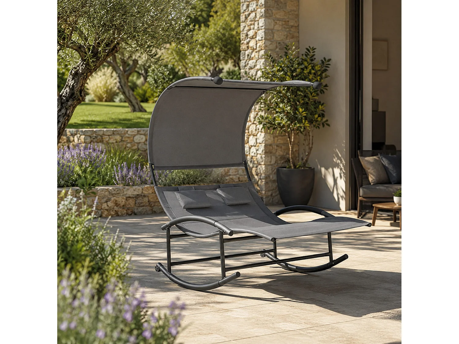 Lettino 2 Posti Dondolo Prendisole Design Ergonomico In Textilene Traspirante Struttura In Acciaio E Cuscini Con Parasole Per Giardino Piscina Outdoor Grigio