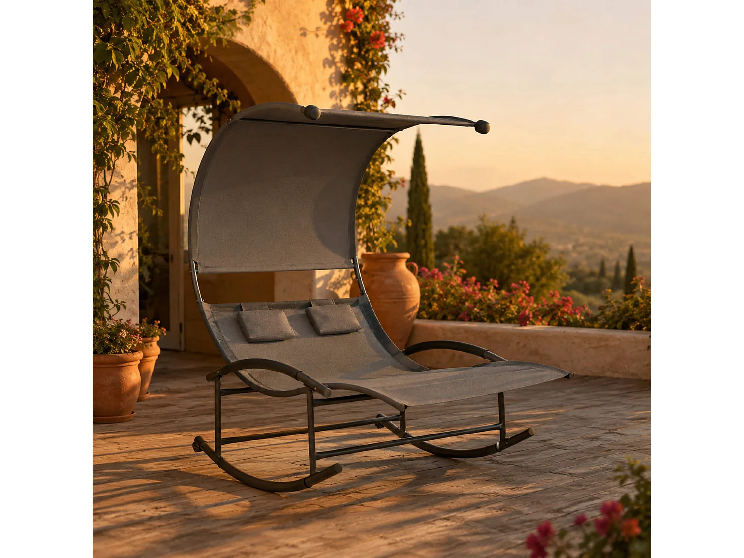 Lettino 2 Posti Dondolo Prendisole Design Ergonomico In Textilene Traspirante Struttura In Acciaio E Cuscini Con Parasole Per Giardino Piscina Outdoor Grigio