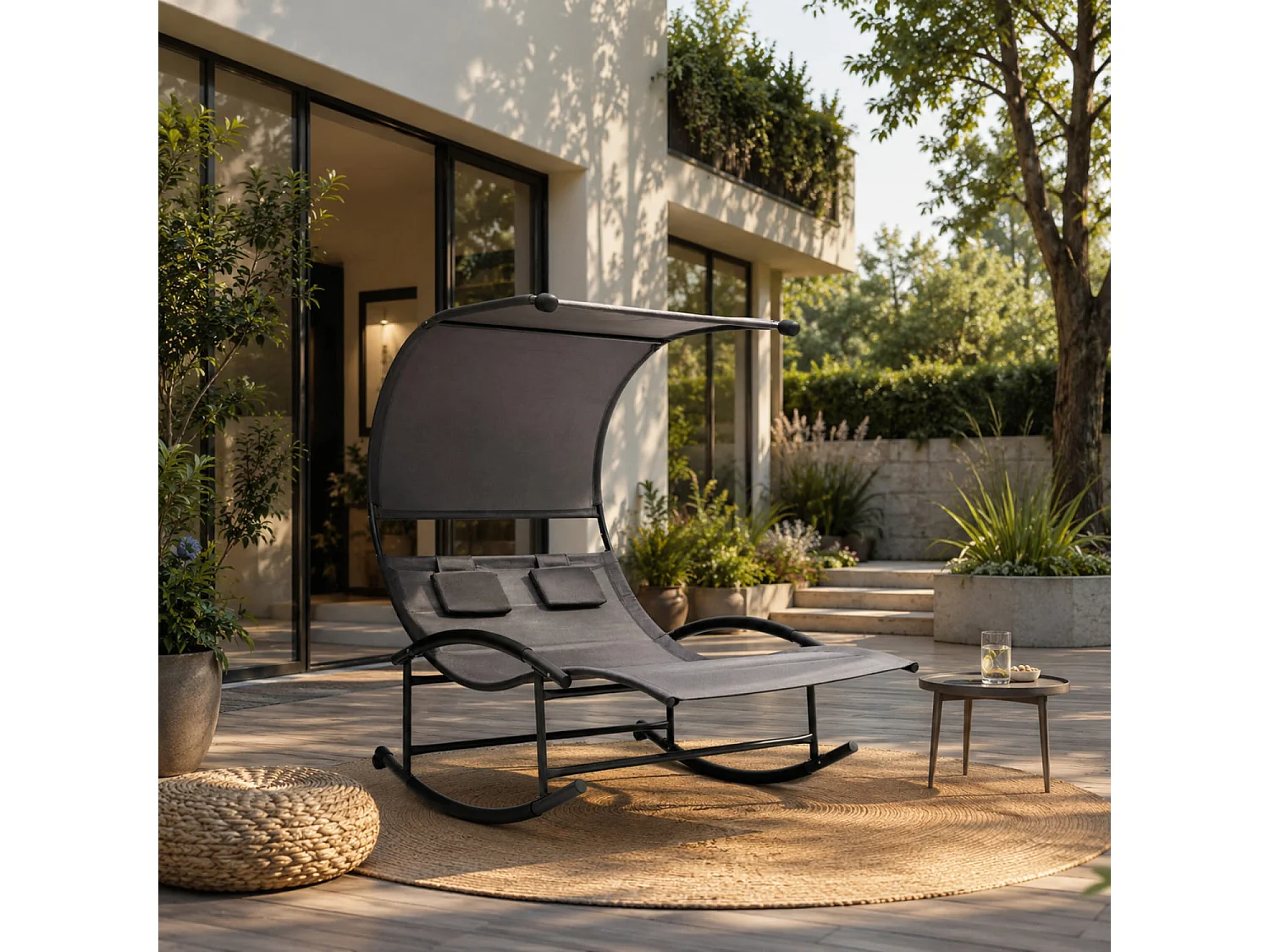 Lettino 2 Posti Dondolo Prendisole Design Ergonomico In Textilene Traspirante Struttura In Acciaio E Cuscini Con Parasole Per Giardino Piscina Outdoor Grigio