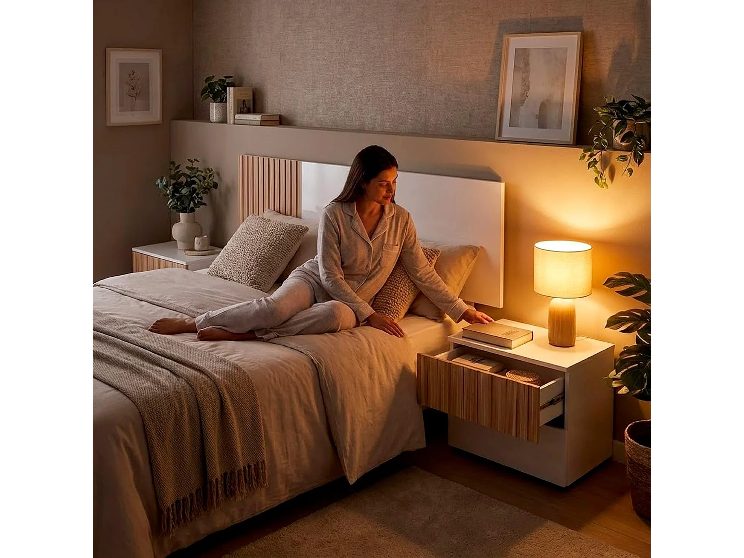 Testiera Letto Matrimoniale Da 160 Cm Completa Di Due Comodini A Due Cassetti Set Per Camera Moderna Con Fissaggio A Parete Bianco E Legno Naturale