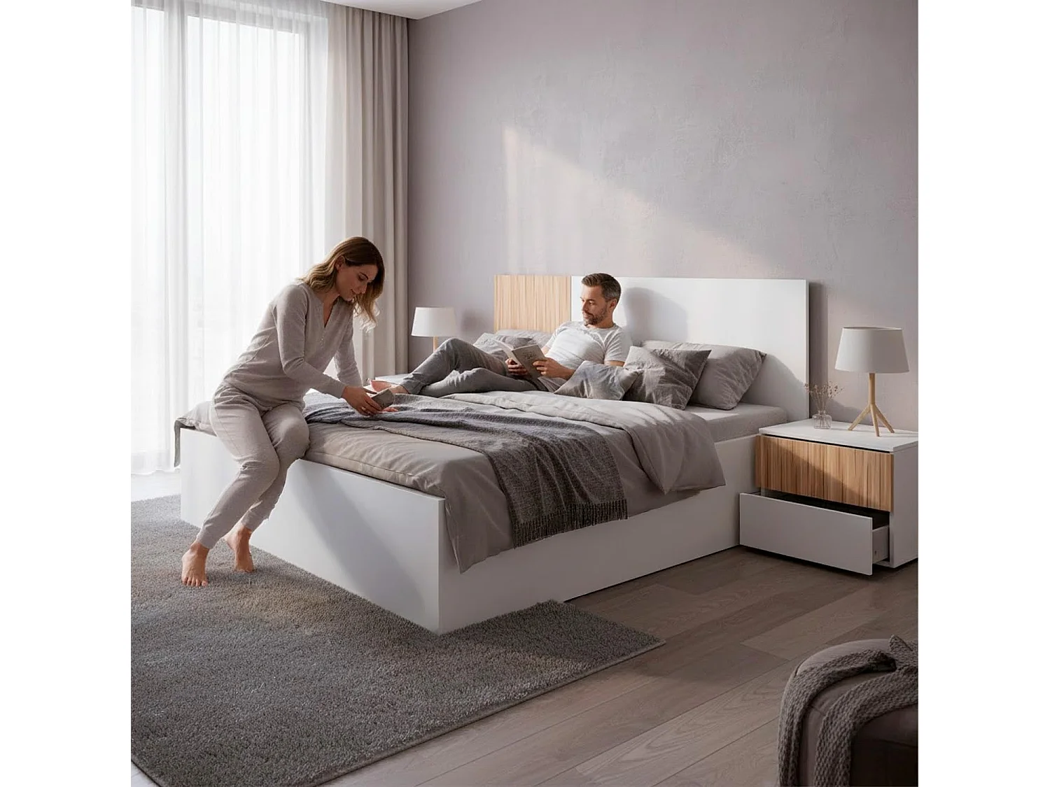 Testiera Letto Matrimoniale Da 160 Cm Completa Di Due Comodini A Due Cassetti Set Per Camera Moderna Con Fissaggio A Parete Bianco E Legno Naturale