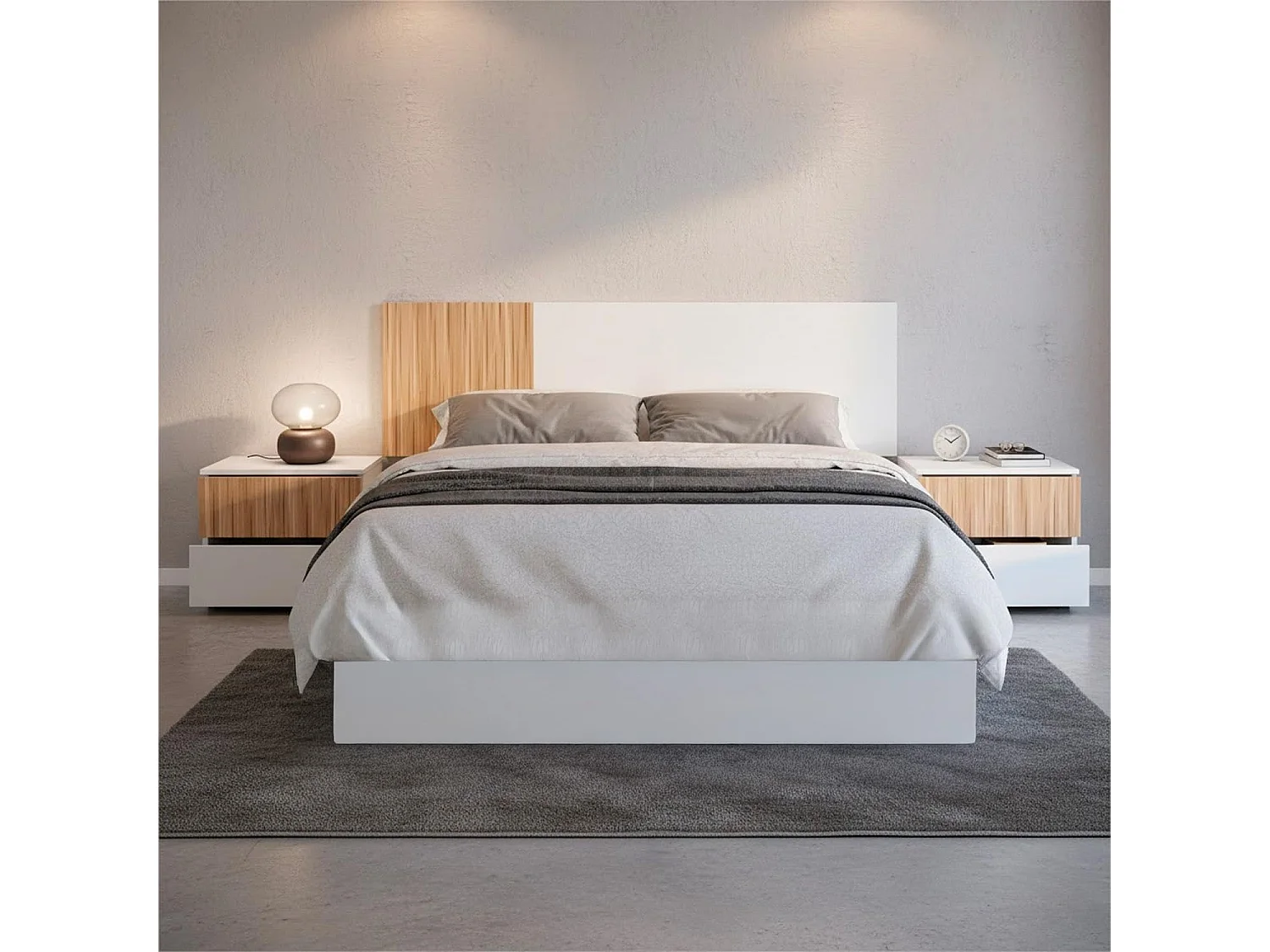 Testiera Letto Matrimoniale Da 160 Cm Completa Di Due Comodini A Due Cassetti Set Per Camera Moderna Con Fissaggio A Parete Bianco E Legno Naturale