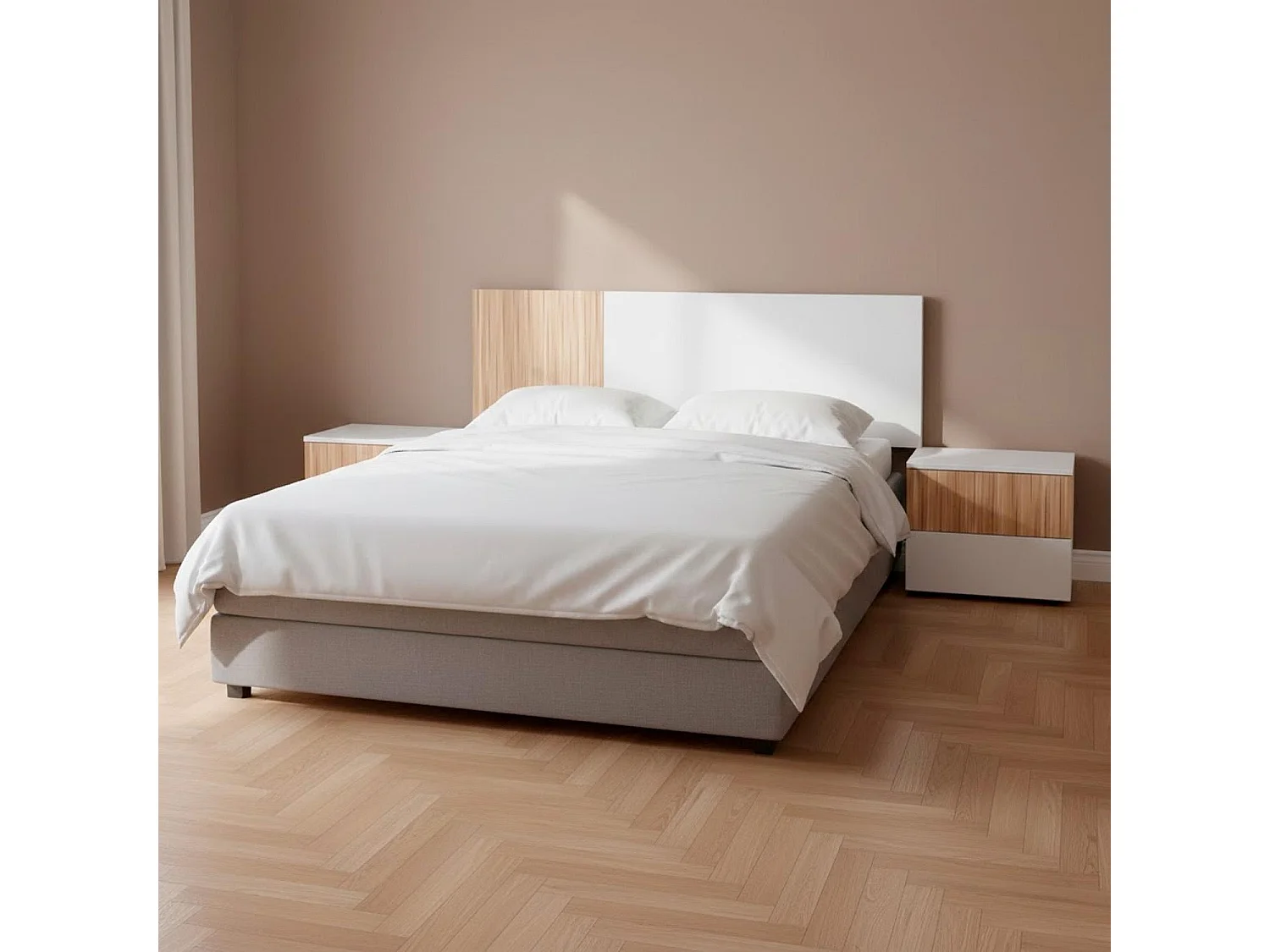 Testiera Letto Matrimoniale Da 160 Cm Completa Di Due Comodini A Due Cassetti Set Per Camera Moderna Con Fissaggio A Parete Bianco E Legno Naturale