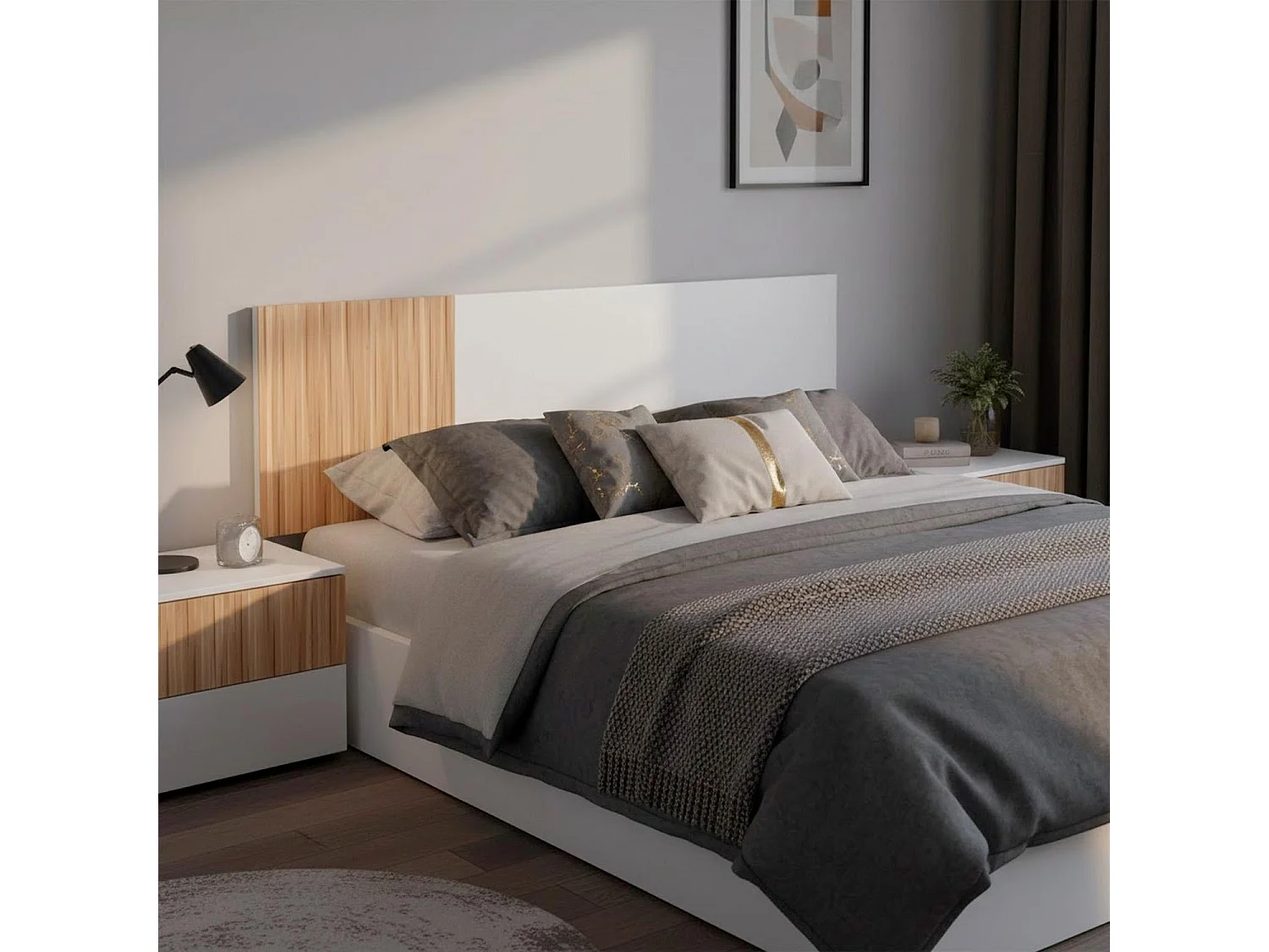 Testiera Letto Matrimoniale Da 160 Cm Completa Di Due Comodini A Due Cassetti Set Per Camera Moderna Con Fissaggio A Parete Bianco E Legno Naturale