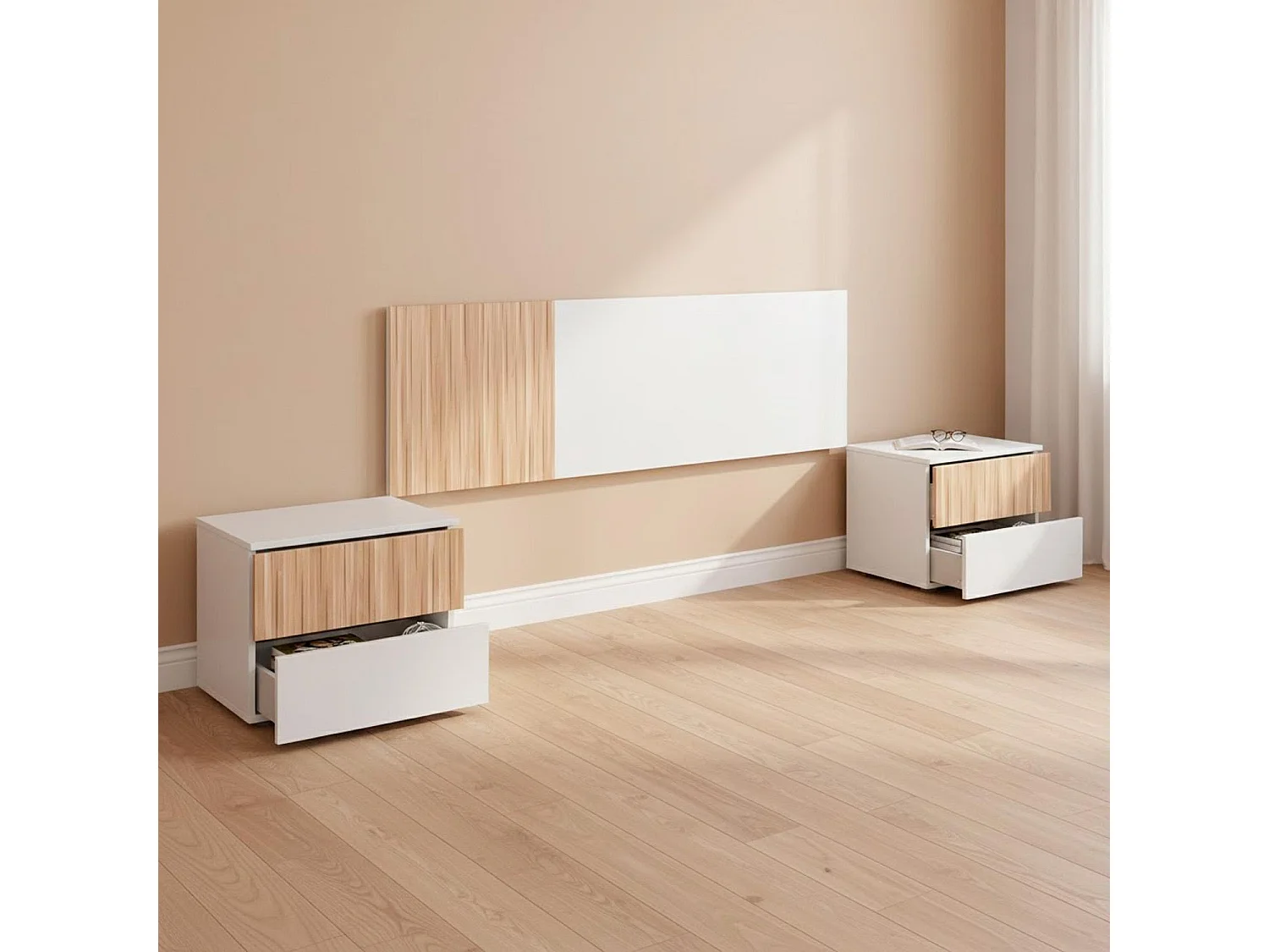 Testiera Letto Matrimoniale Da 160 Cm Completa Di Due Comodini A Due Cassetti Set Per Camera Moderna Con Fissaggio A Parete Bianco E Legno Naturale