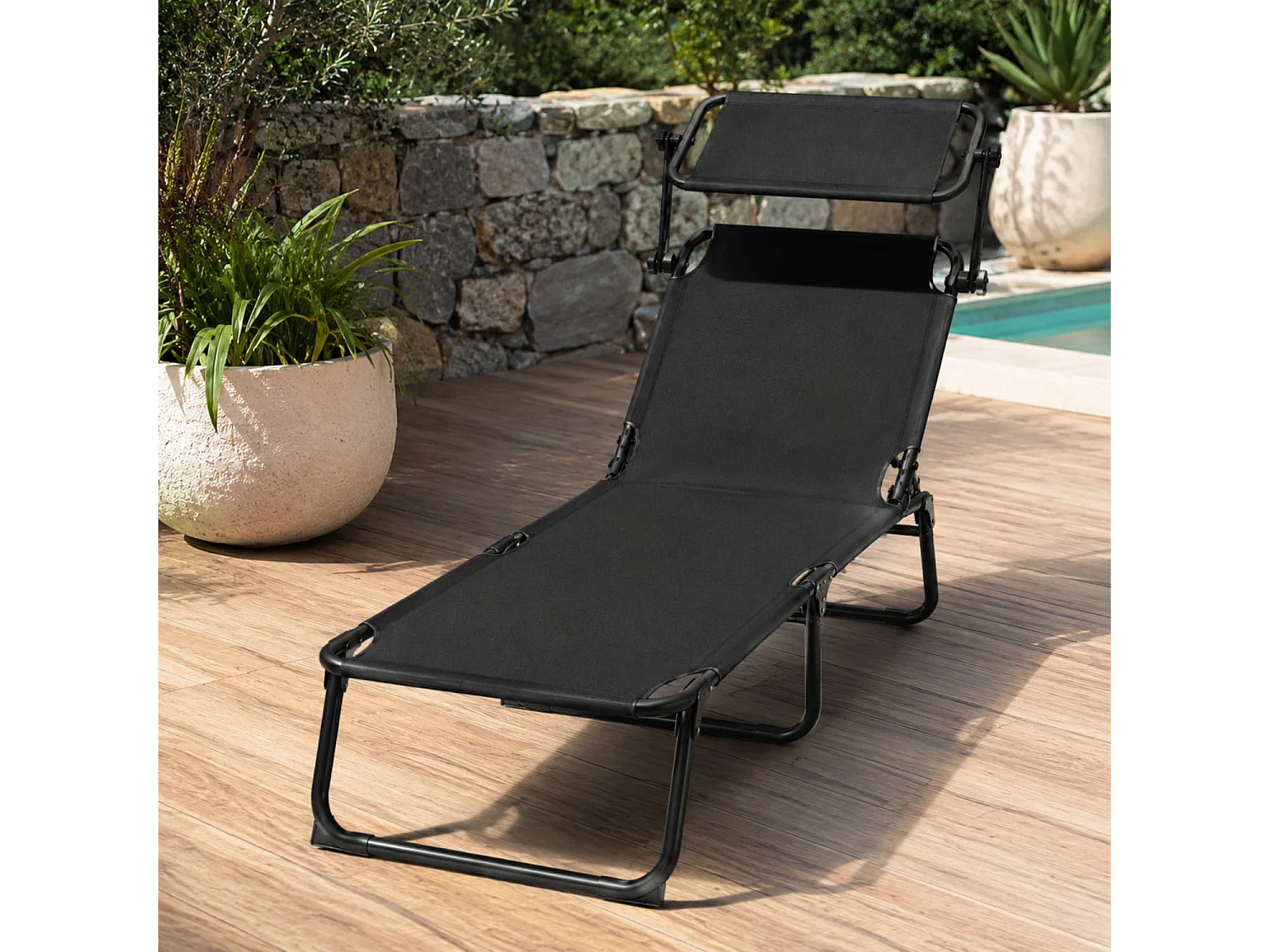 Lettino Sdraio Pieghevole Con Tettuccio Regolabile Parasole E Prendisole Con Schienale Reclinabile e Regolabile In Metallo Per Mare Spiaggia Piscina Giardino Nero