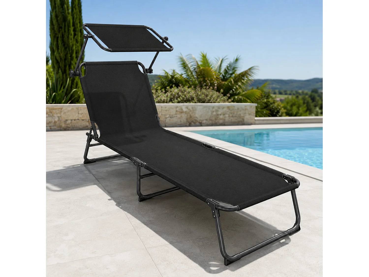 Lettino Sdraio Pieghevole Con Tettuccio Regolabile Parasole E Prendisole Con Schienale Reclinabile e Regolabile In Metallo Per Mare Spiaggia Piscina Giardino Nero