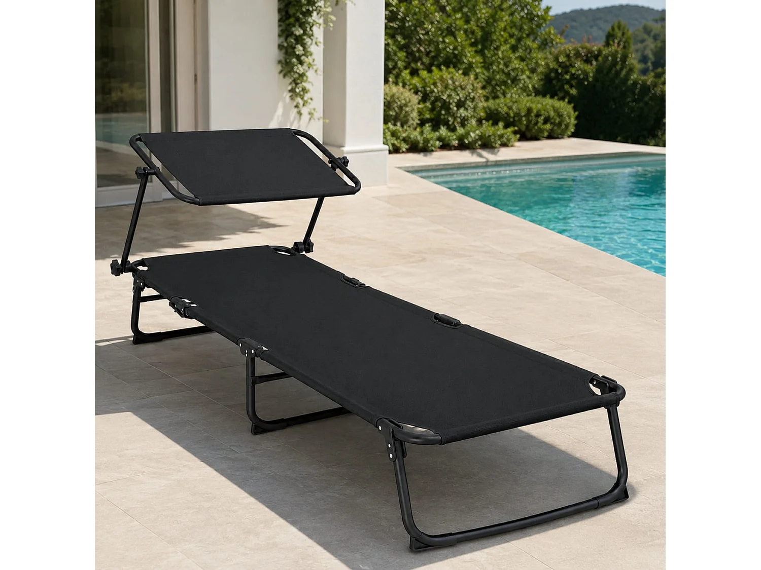 Lettino Sdraio Pieghevole Con Tettuccio Regolabile Parasole E Prendisole Con Schienale Reclinabile e Regolabile In Metallo Per Mare Spiaggia Piscina Giardino Nero