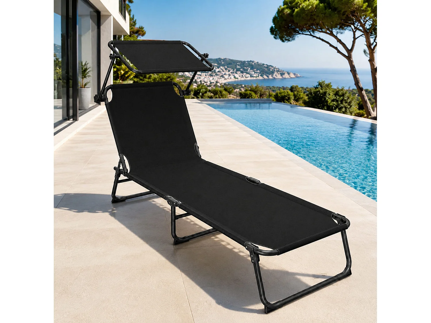 Lettino Sdraio Pieghevole Con Tettuccio Regolabile Parasole E Prendisole Con Schienale Reclinabile e Regolabile In Metallo Per Mare Spiaggia Piscina Giardino Nero