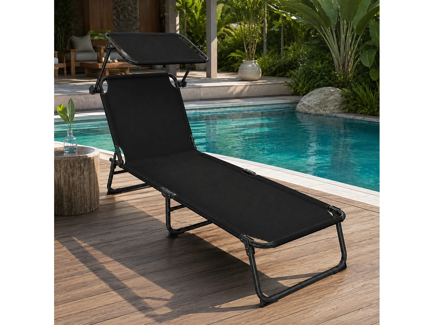 Lettino Sdraio Pieghevole Con Tettuccio Regolabile Parasole E Prendisole Con Schienale Reclinabile e Regolabile In Metallo Per Mare Spiaggia Piscina Giardino Nero