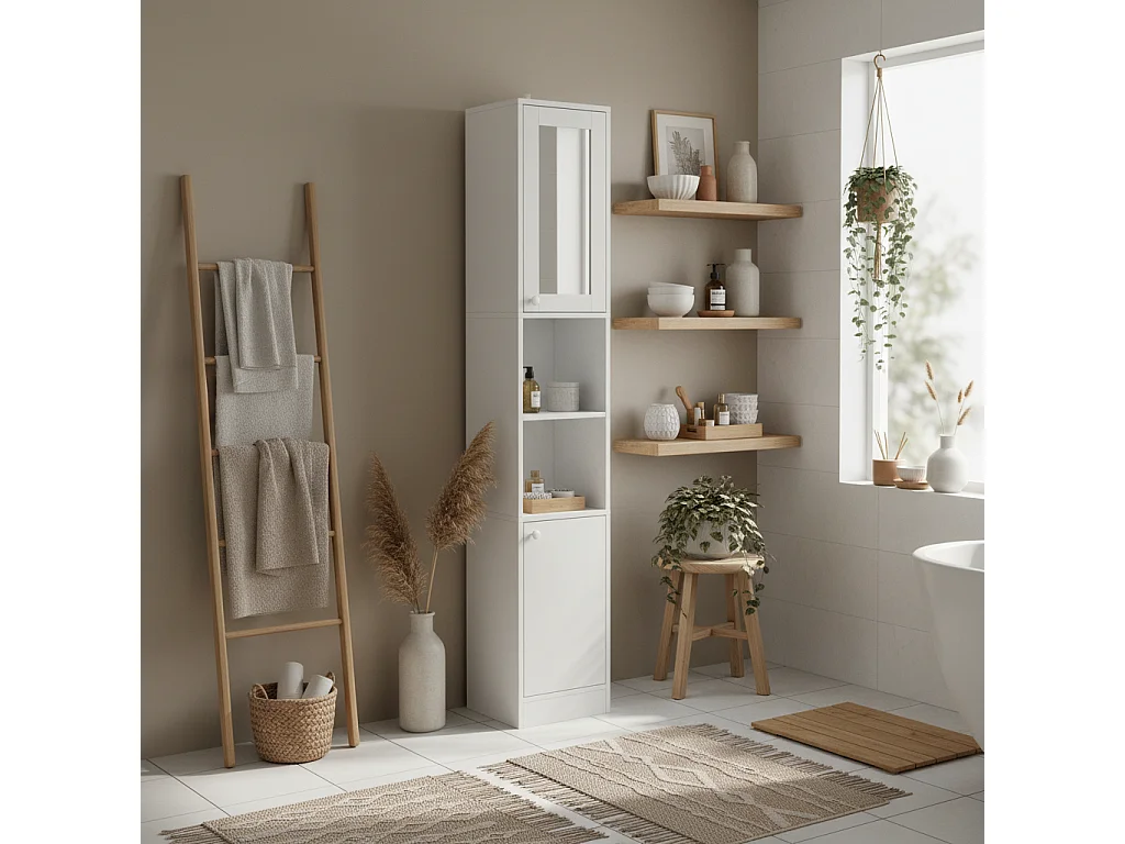 Marila 170cm Narrow Tall Bathroom Cabinet White Mirrored Door Adjustable Shelves Double Cupboards