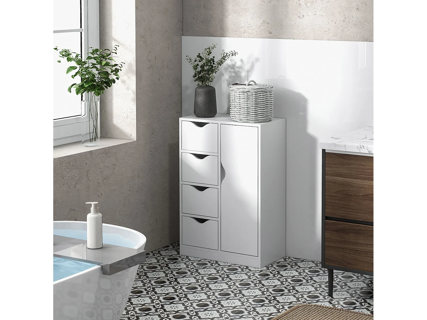 Sopake White Freestanding Storage Cabinet with 4 Drawers and Lower Cupboard