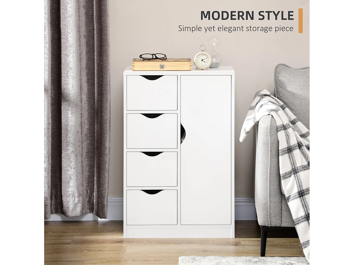 Sopake White Freestanding Storage Cabinet with 4 Drawers and Lower Cupboard