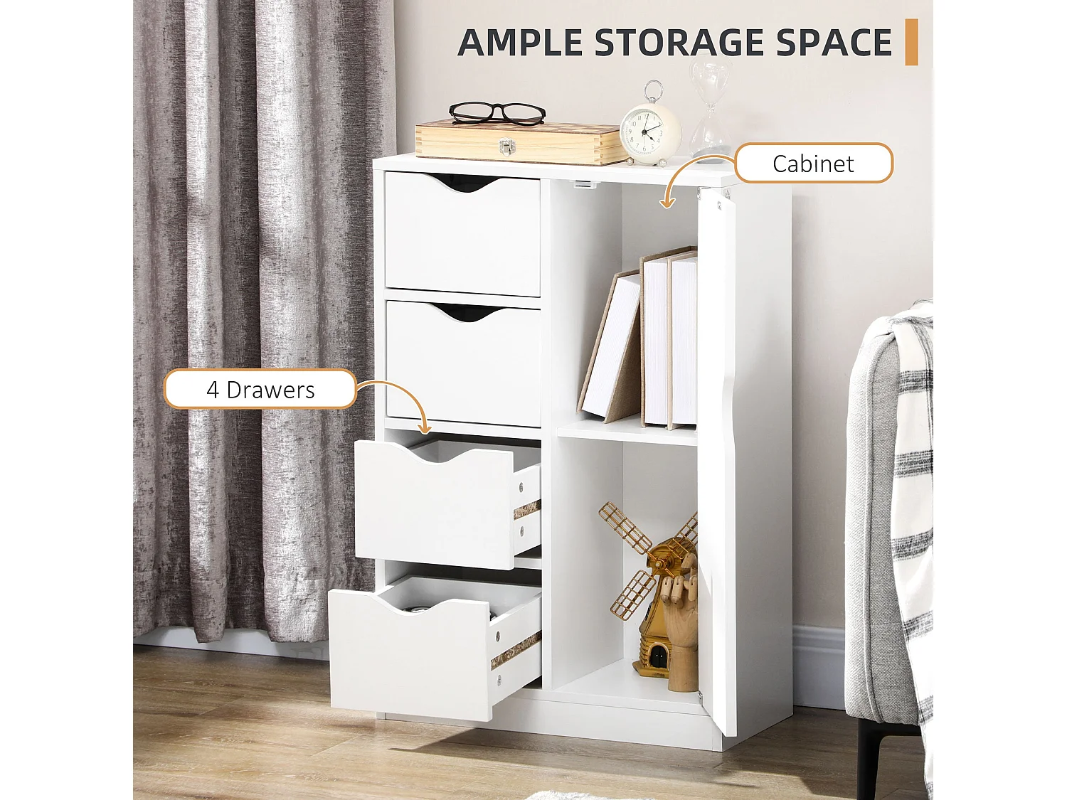 Sopake White Freestanding Storage Cabinet with 4 Drawers and Lower Cupboard